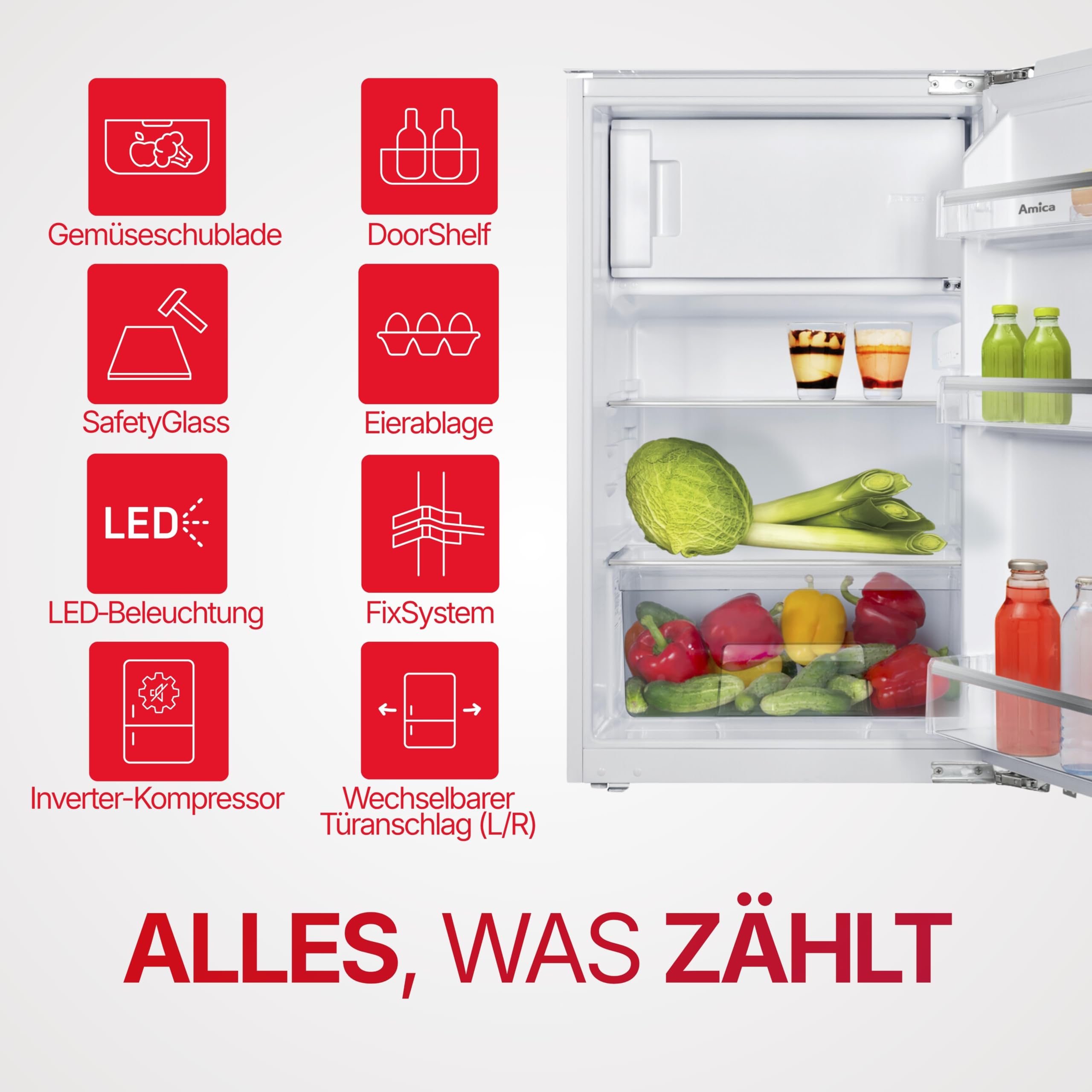 Amica Einbau‑Kühlschrank mit Gefrierfach Festtür‑Technik 880 mm Nische elektronische Steuerung Inverter‑Motor LED Beleuchtung 87,1 x 54 x 54 cm – Einbau Kühl Gefrierkombination