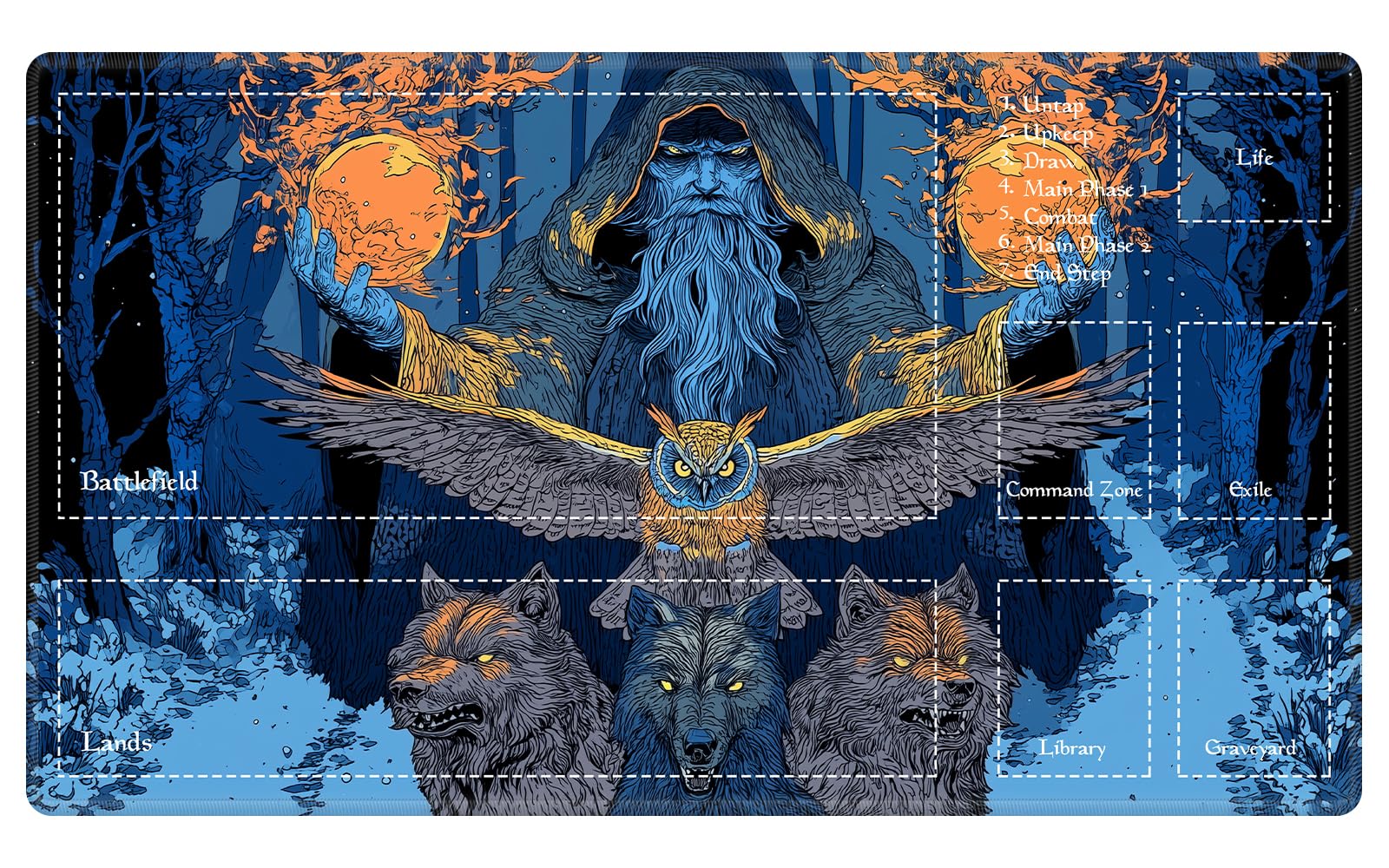 Fantasy Forest Wizard MTG Playmat, Gothic Wolf Owl TCG Mat with Game Zones, EDGFRTOIO Tabletop Magic Play Mats 24"x14" Non-Slip Rubber Base for Trading Card Games Battles