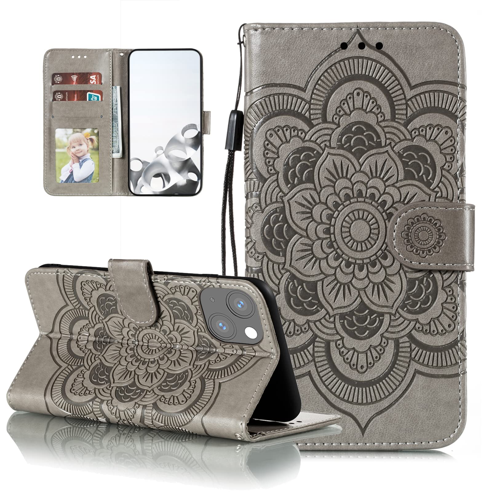 EYZUTAK Case for iPhone 15 Plus, Premium PU Leather Magnetic Flip Wallet Case with Card Holder Cash Slot Lanyard Strap Kickstand Function Embossed