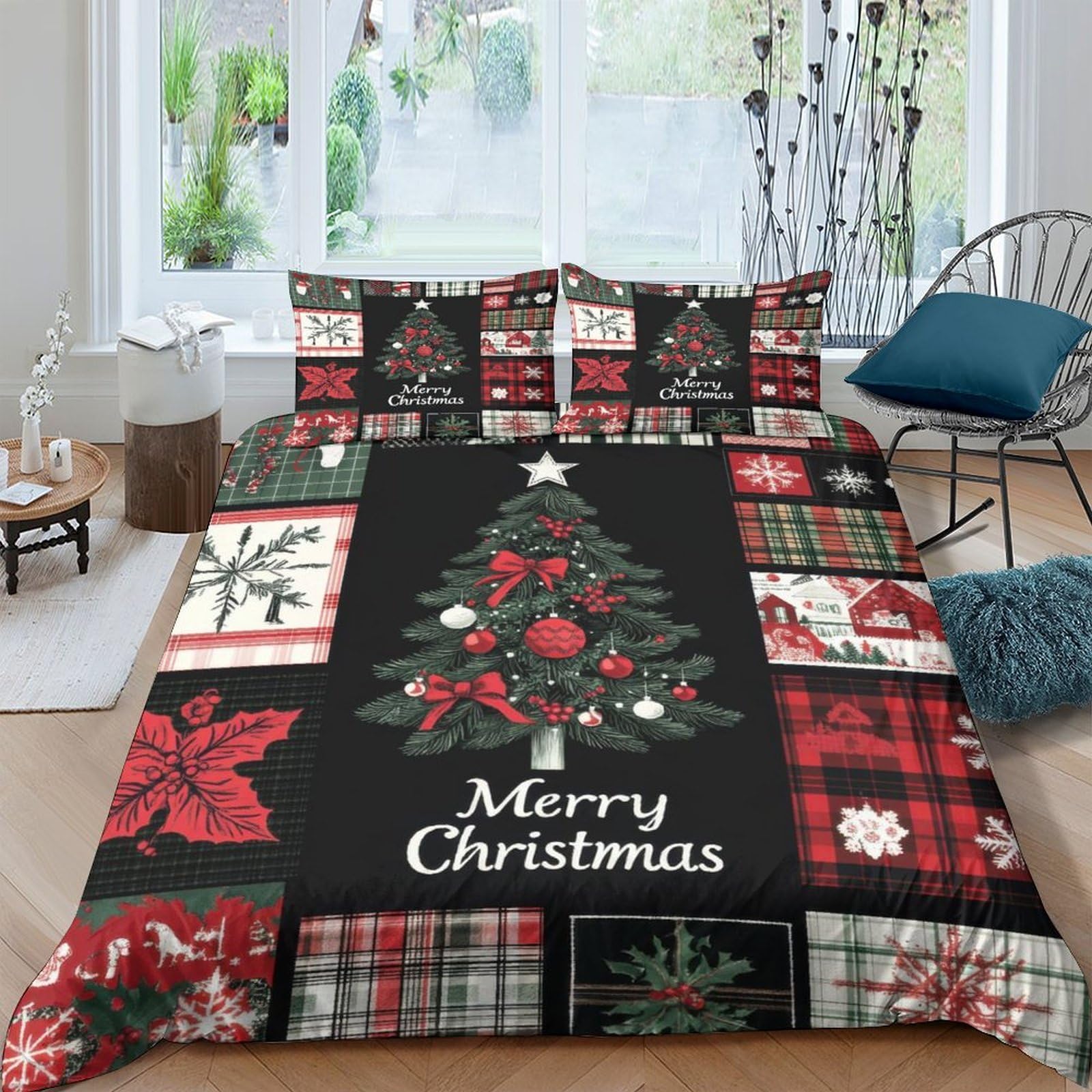 Ctjqhvkz Style-8 3D Printed Christmas Tree Fitted Sheet Microfiber Red Plaid Snowflake Bed Cover For Bedroom Guest Room Décor Single（135X200cm）