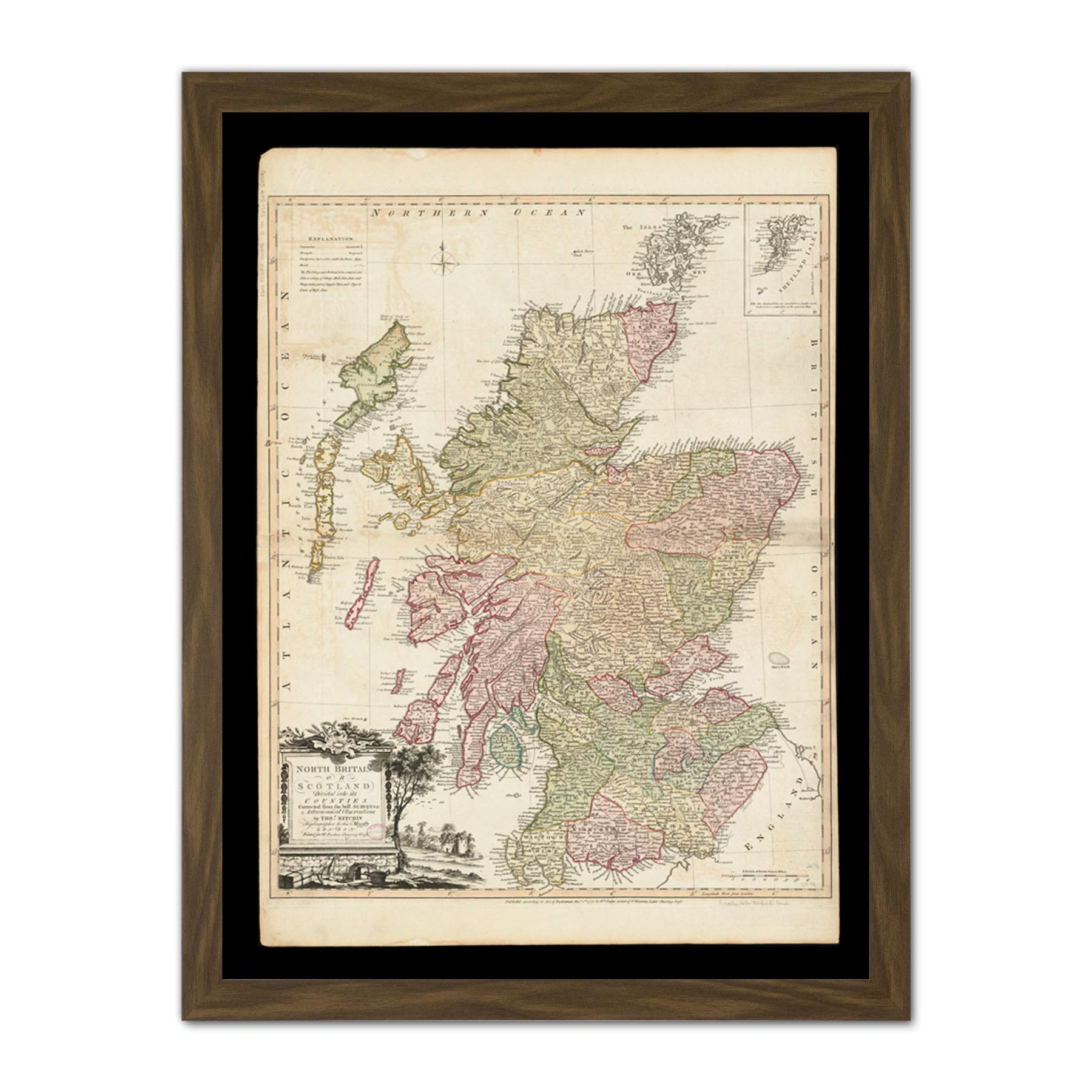 Kitchin 1778 Map Scotland Counties North Britain Artwork Framed Wall Art Print 18X24 Inch