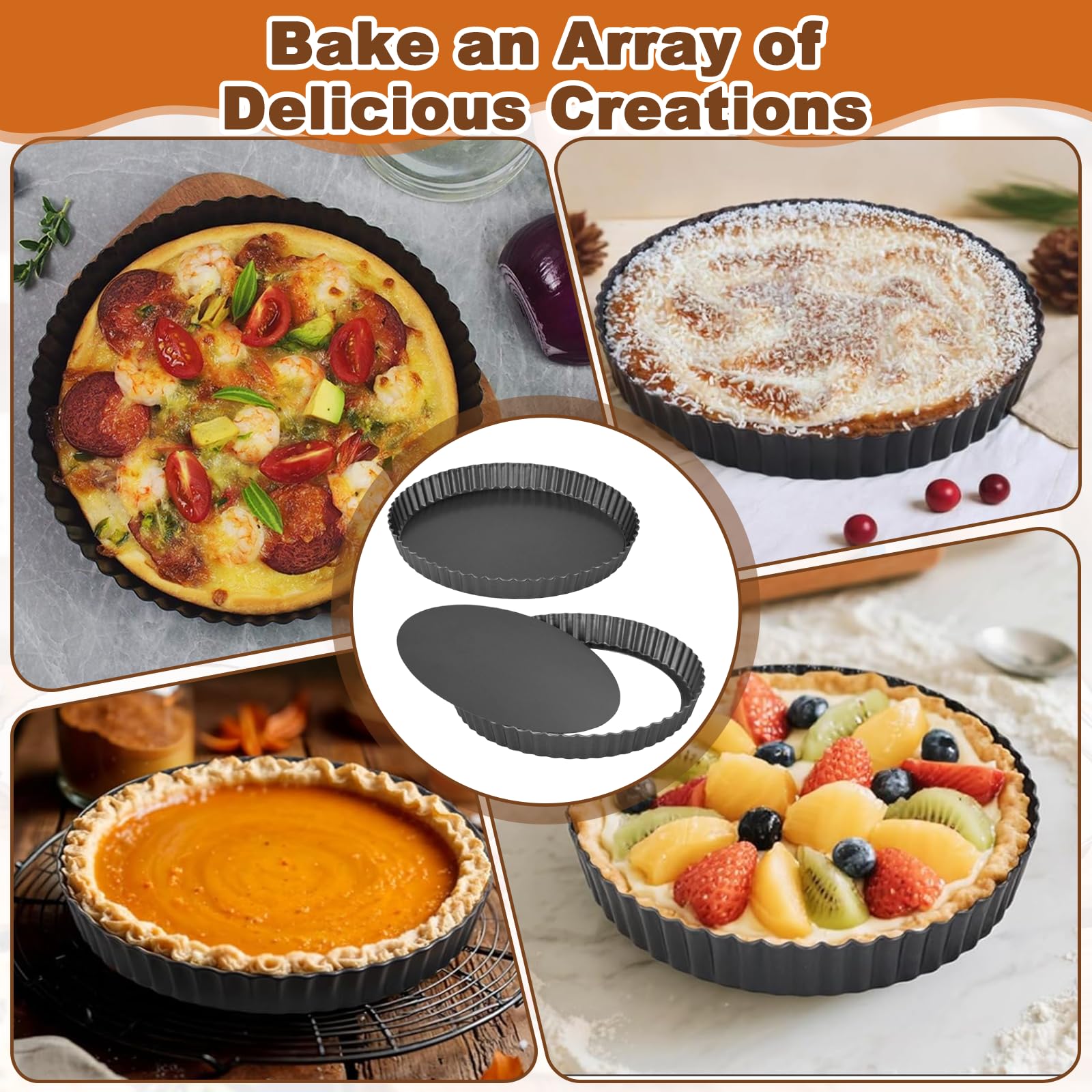 2Pcs Teglia Crostata Fondo Removibile, Stampo Crostata Morbida Ondulato Tonda Acciaio Carbonio 22cm & 28cm, Teglie Tortiera Torta Bordo Scanalato Antiaderente Cassaforte Amovibile per Torte Frutta