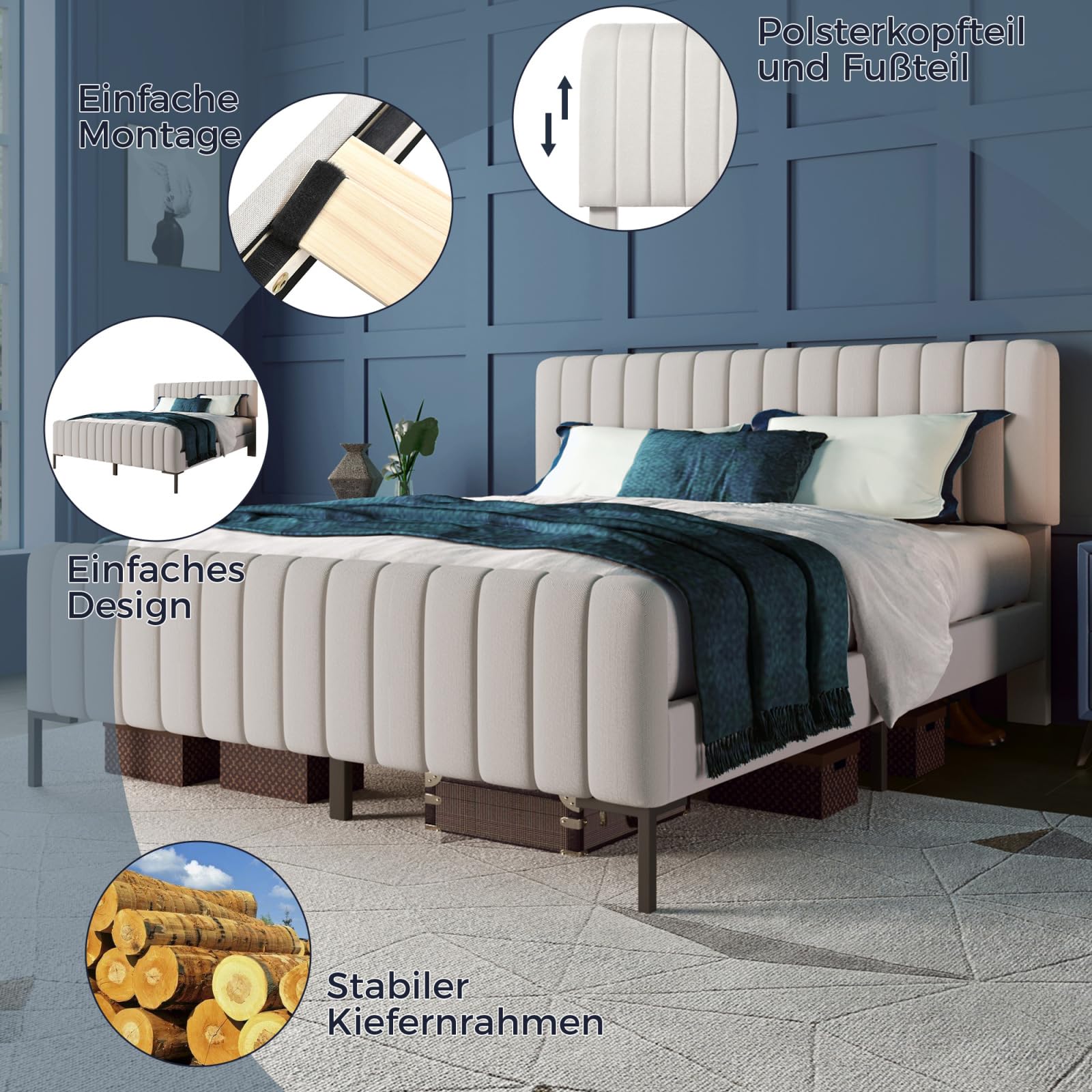 Letto Matrimoniale 160x200 Cm - Imbottito, Testiera Regolabile, Rete A Doghe, Lino Grigio - Foto 2