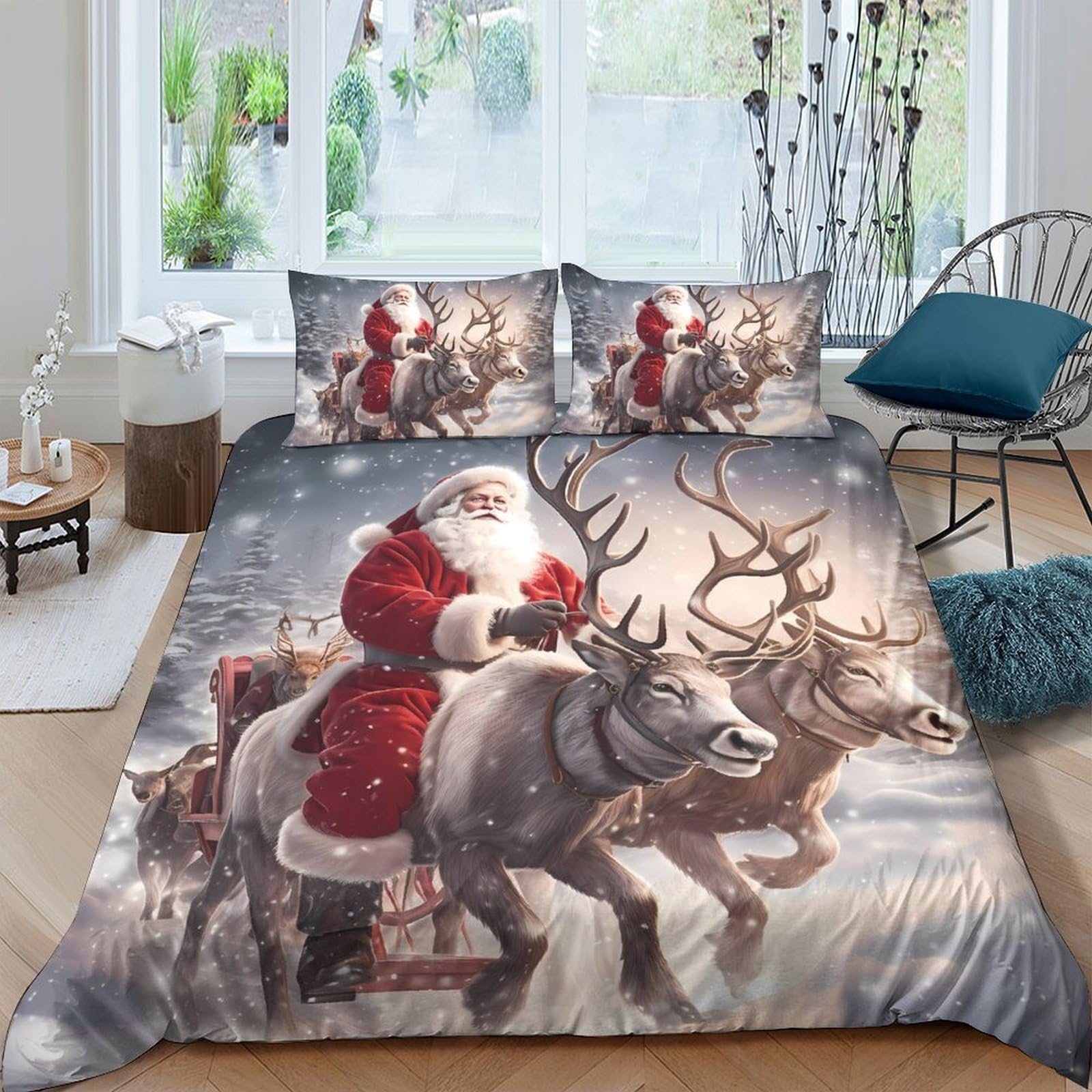 GPLZQXKJNH 3D Printed Christmas Santa Sleigh Duvet Cover Microfiber Breathable Reindeer Bedding Set with 2 Pillowcases for Bedroom Decor Single（135x200cm）