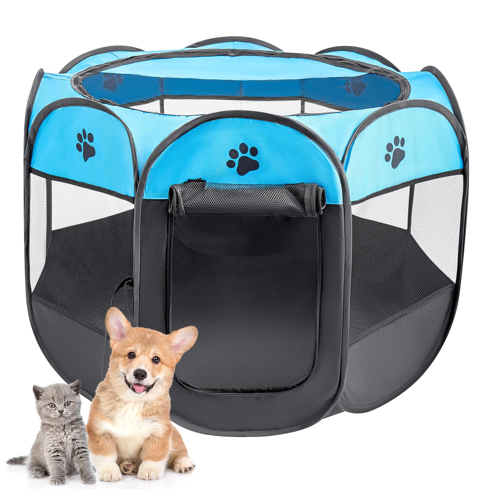 Portable Pet Playpen Puppy Playpen Pet Dog Cat Playpen Cage Crate Soft Fabric Foldable Pet Indoor Outdoor for Rabbit Hamster Guinea Pig (Blue, 91 * 91 * 58cm)
