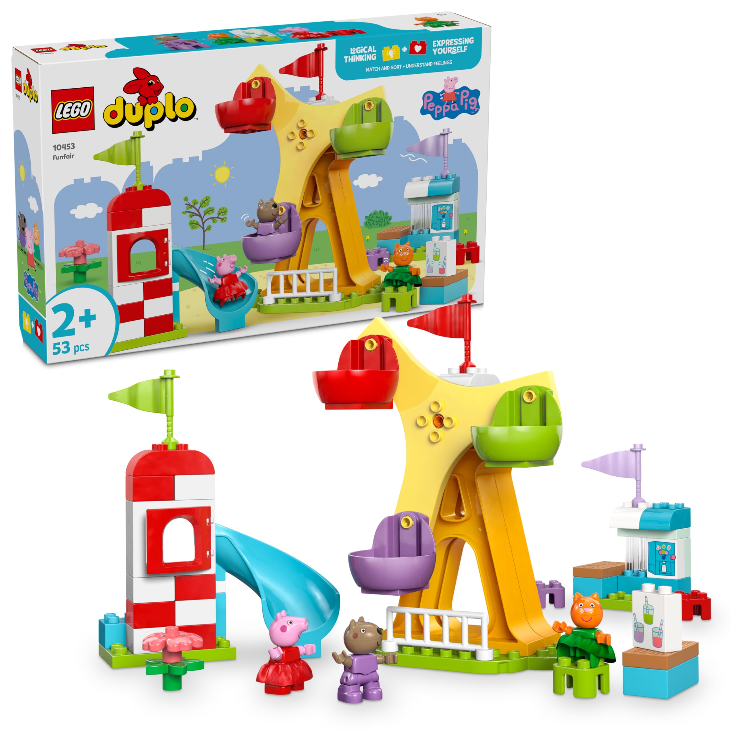 LEGO DUPLO Peppa Pig Lunapark 10453-2 Yaş ve Üzeri Kız ve Erkek Çocuklar için Dönme Dolap, Kaydırak, Meyve Suyu Barı ve Köpek ve Kedi Dahil 3 Figür İçeren Yaratıcı Oyuncak Yapım Seti (53 Parça)