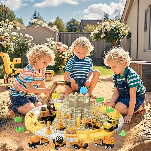 Miniatura 5 de Kit de construcción de arena, arena de juego de 2.2 libras con caja de arena, 1 alfombrilla de juguete, 8 camiones de construcción de aleación,