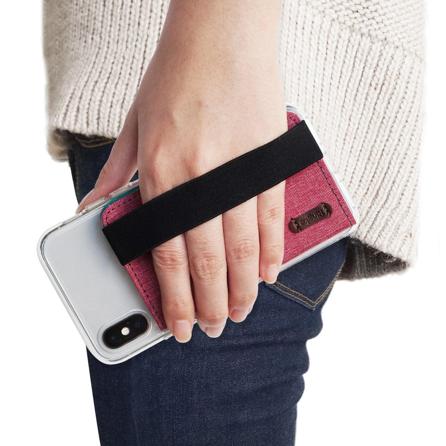 RingkeFlip Phone Card Holder with Elastic Hand Strap Band 3M Stick on Adhesive Wallet Multi Slot Card Wallet Credit Card Mini Pouch Attachment for iPhone, Galaxy, LG, Google Cases - Deep Pink