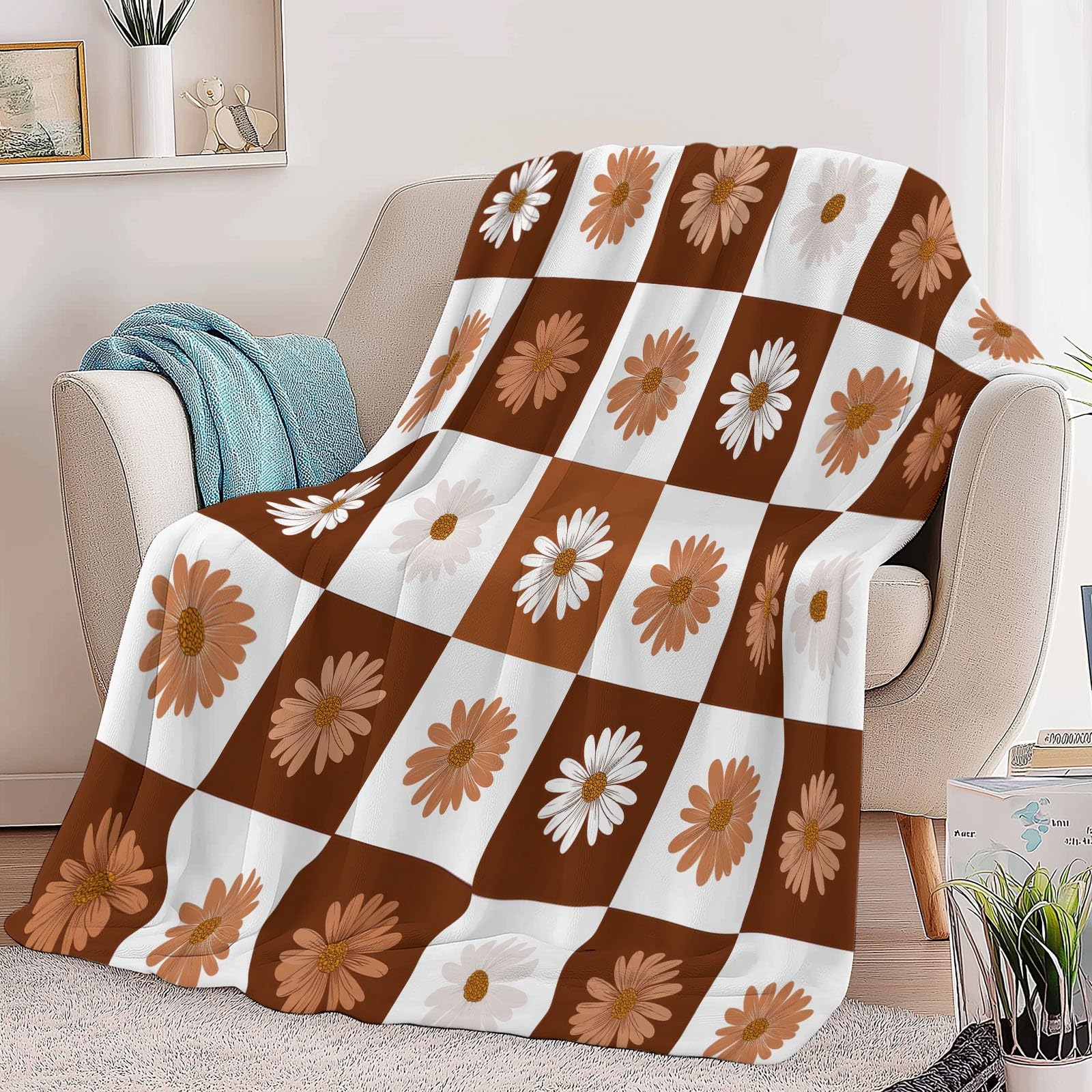 Nowoczesny geometryczny koc flanelowy w kratkę stokrotka 180 x 200 cm Koce polarowe z mikrofibry Polar Na wszystkie pory roku do podróży Łóżko Sofa Dzieci Dorośli, Kawowy Brązowy