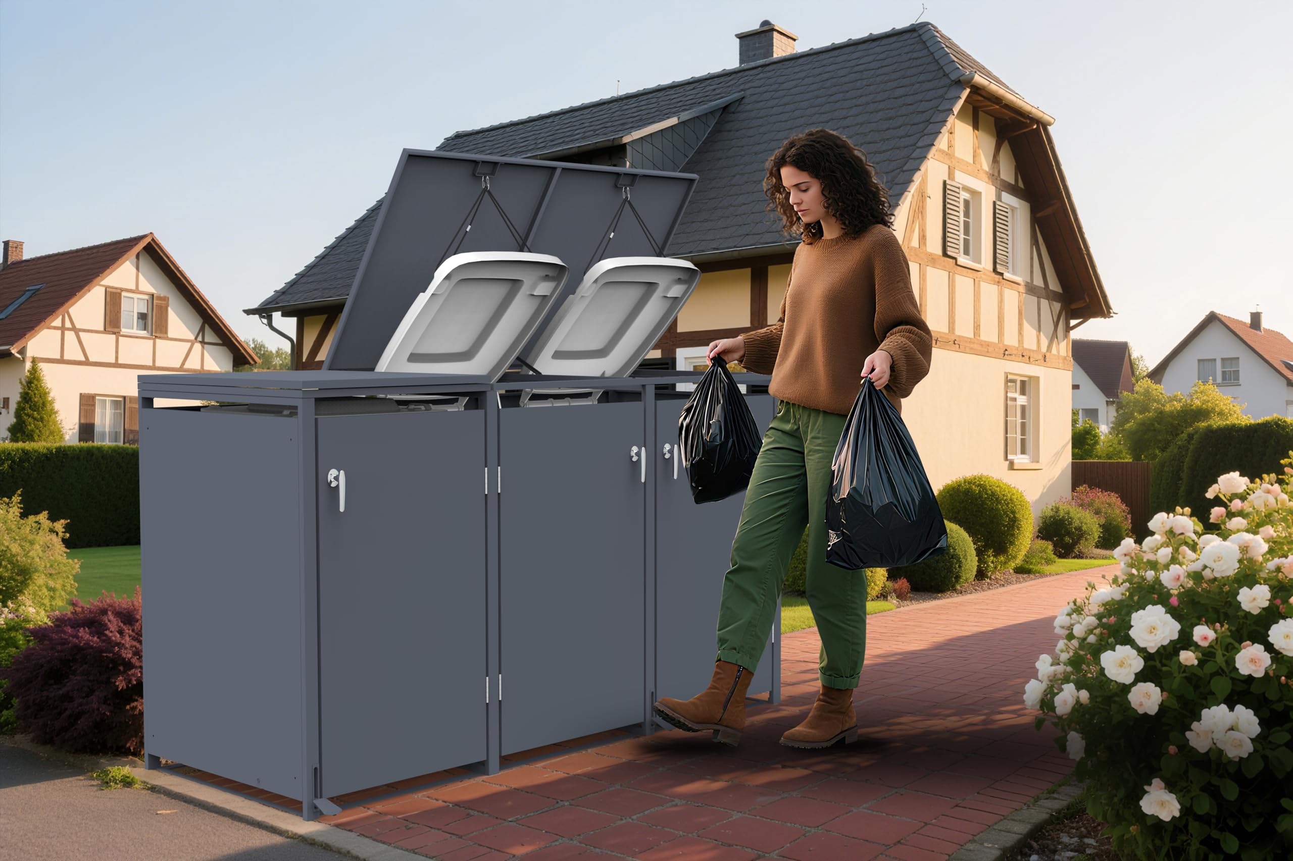 DEGAMO Mülltonnenbox 3-er Mülltonnenhaus BONN mit Fusspedal-Betätigung, für 3X Tonnen 120 und 240 Liter, Stahl verzinkt, Farbe anthrazit