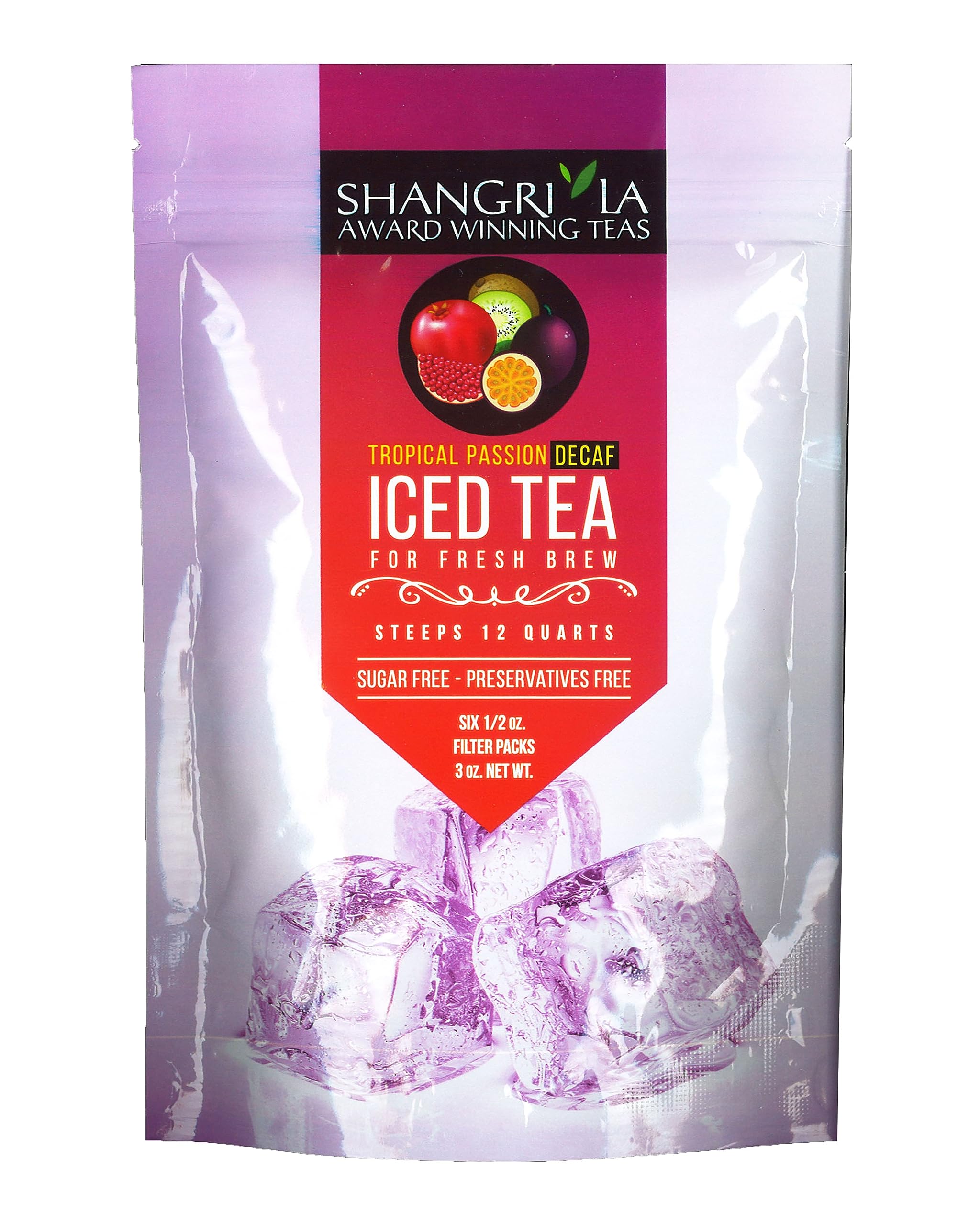 Shangri-La Tea Company Iced Tea Bags, Tropical Passion Decaf, Unsweetened and All Natural, Brews 2 Quarts Per Tea Bag, (6 Count) (5057)