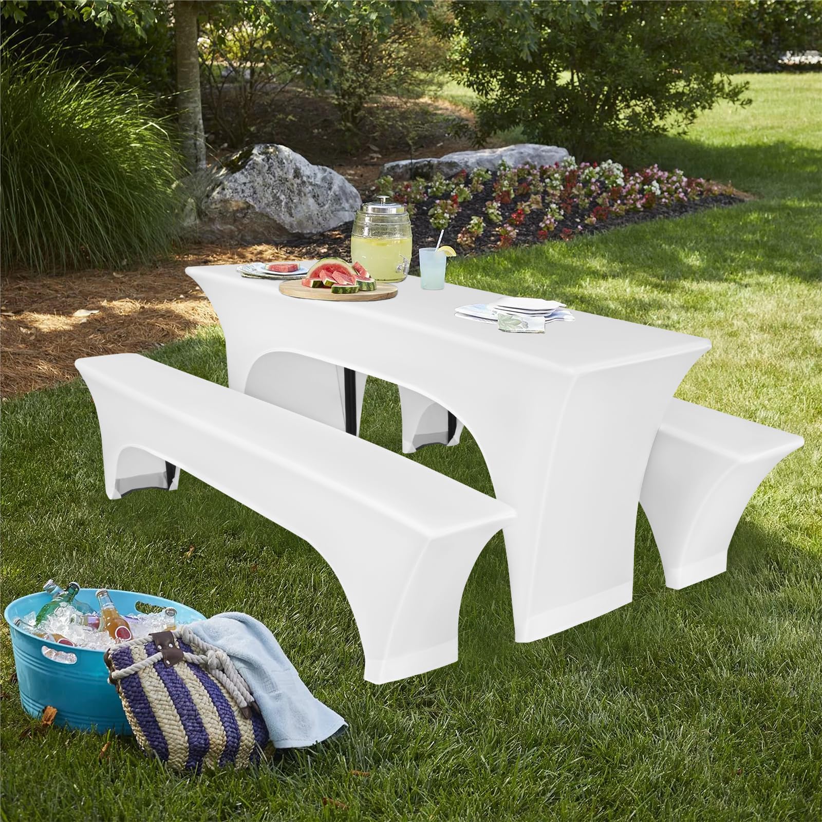 Zwei 3er-Sets Biertischhusse, weiße Stretch Biertisch und Bankgarnitur hussen 220 x 50 x 80 cm, Elastische Biertischhussen für 50 cm Tischbreite, Bierzeltgarnitur für Bankett Gartenmöbel