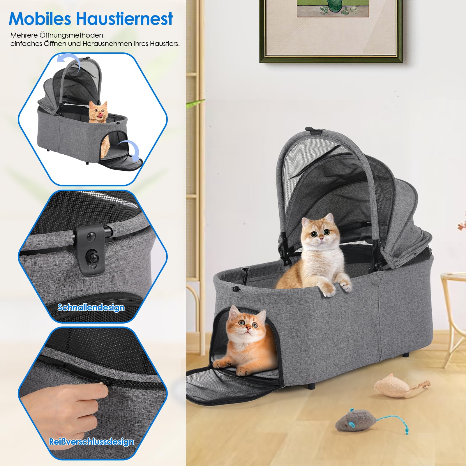 MAMIZO Hundebuggy 3 in 1 bis 20 kg,Klappbar Hundebox Transporttasche,Tragbares Haustiernest,mit Umhängetasche, 4 PCS Räder Pack,GroBzügiger Korb für kleine/Mittlere Hunde Katzen,OxfordStoff, Grau