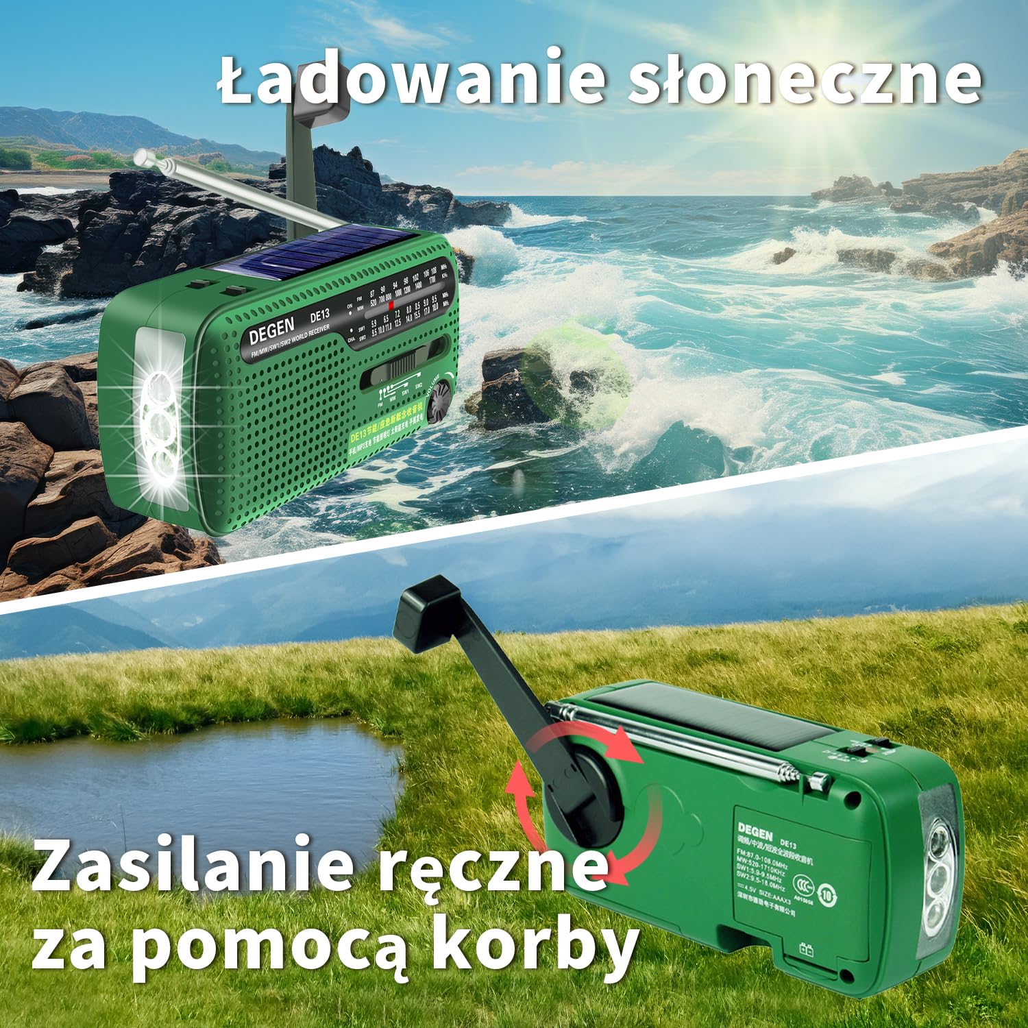 DEGEN DE13 Wind Up Radio korbowe solarne FM AM SW awaryjne radio pogodowe latarka SOS alarm ładowalny telefon komórkowy do użytku awaryjnego i na zewnątrz zielony