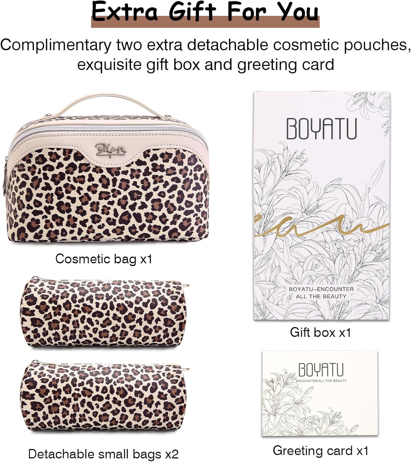 BOYATU Travel Makeup Bag for Women: 3 Pcs Set Portable Make up Bags with Handle - Leopard Print Cosmetic Bags with Comparments - Waterproof Vegan Leather Toiletry Bag (A-1-Beige) - Image 6