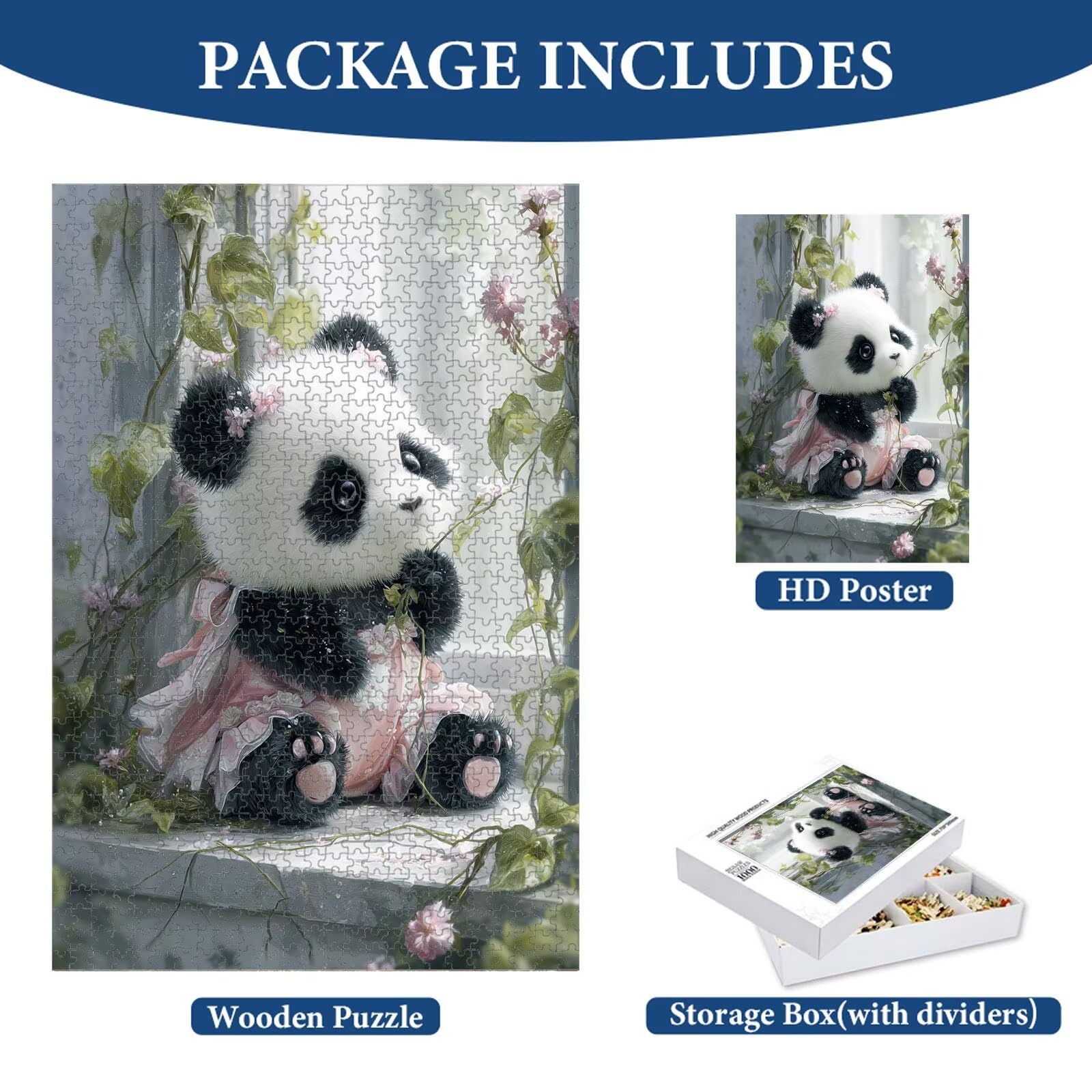 1000 elementów, puzzle dla dorosłych, panda i kwiaty, drewniane puzzle 1T#2455 | Drewniana konstrukcja, precyzyjne cięcie, jasne kolory, statyczne hobby, relaks, dekoracja domu, prezent, 50 x 75 cm