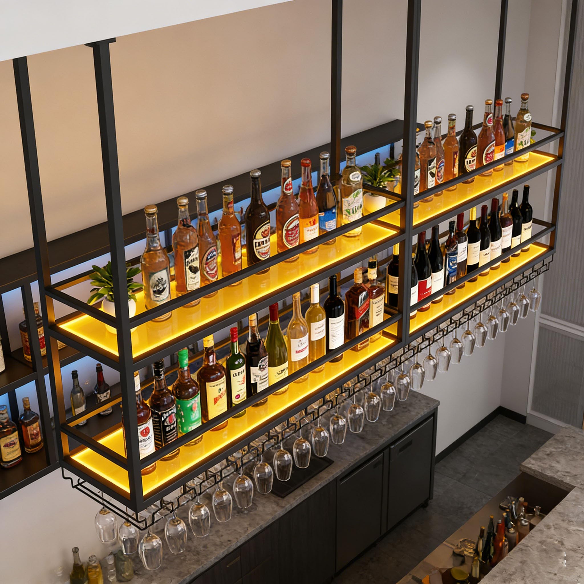 Acrylic Ceiling Wine Glass Rack with LED Lights(59in/150cm)