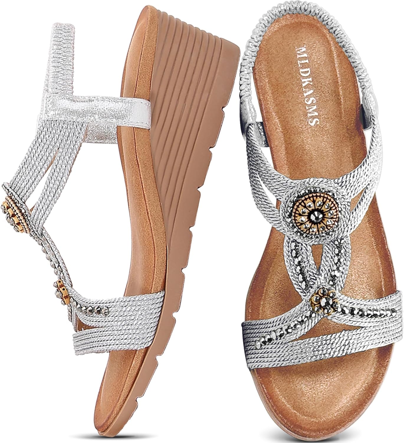 MLDKASMS Wedge Sandals for Women Dressy Summer Comfortable Shoes with Elastic Ankle Strap Low Heel Ladies Footwear