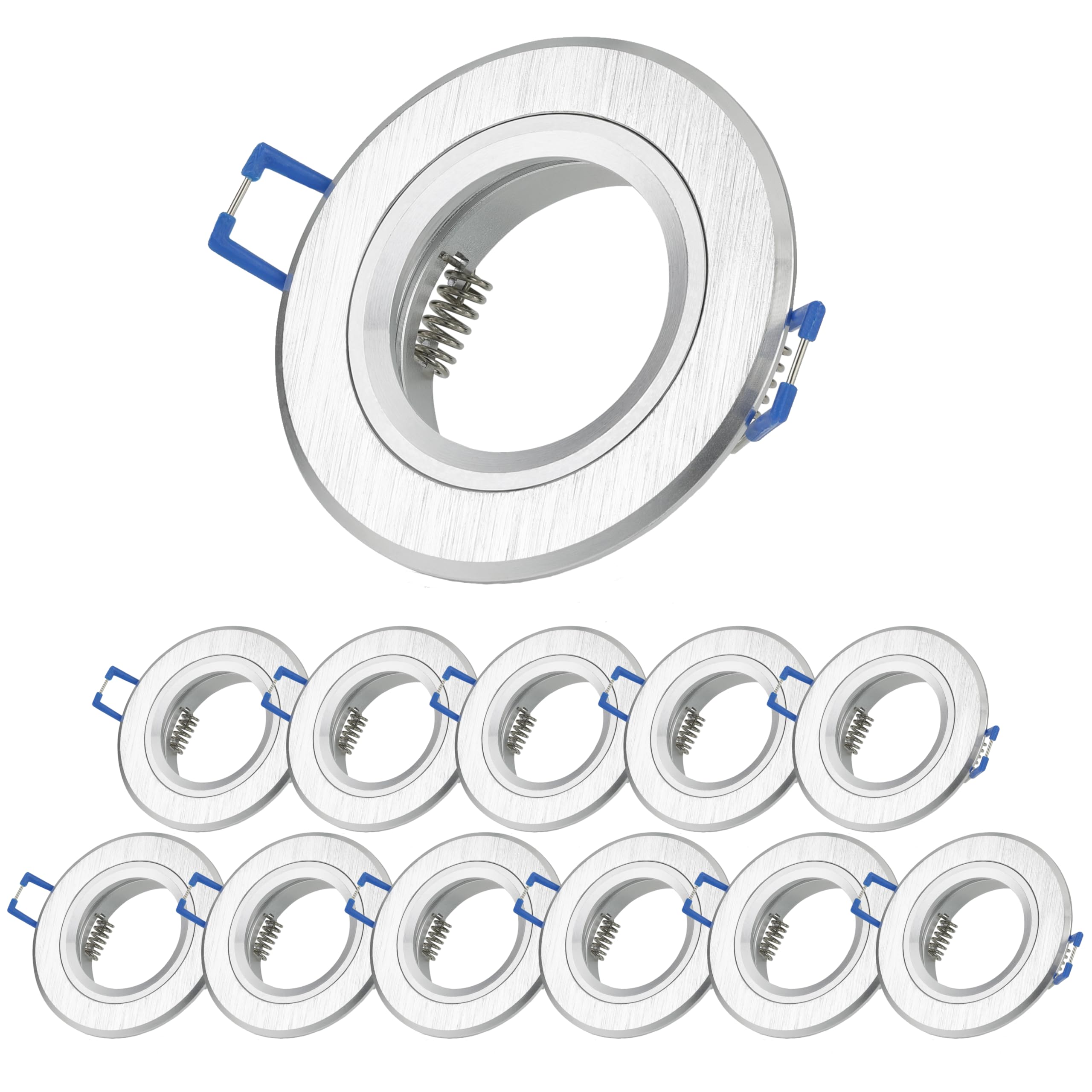 sweet-led zestaw 12-tu ram opraw sufitowych do zabudowy z gniazdem przyłączeniowym GU10 reflektory lampy do zabudowy 230 V okrągłe ramy montażowe sufitowe punktowe, reflektor sufitowy, okrąga lampa sufitowa do wbudowania (okrągłe ramki – szczotkowane sreb