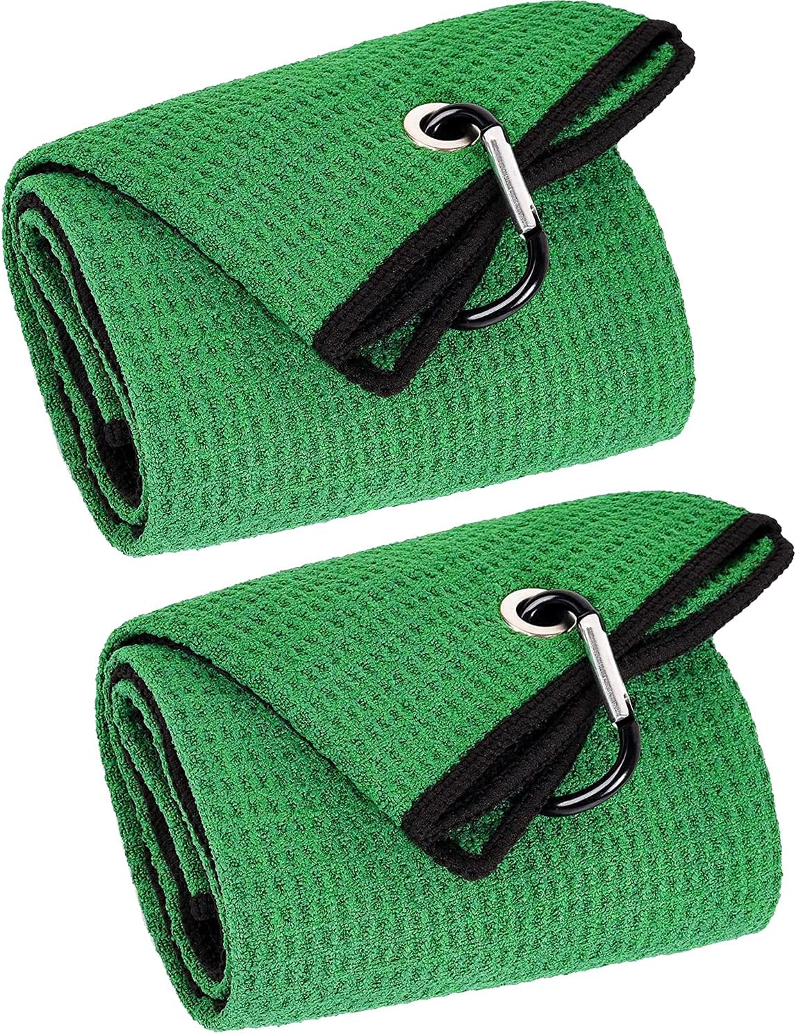 VIVIDLY 2 Pack Tri-fold Golf Towels, Premium Microfiber Fabric Waffle Pattern with Black Heavy Duty Carabiner Clip, Green Golf Towels for Golf Bags for Men (Green)