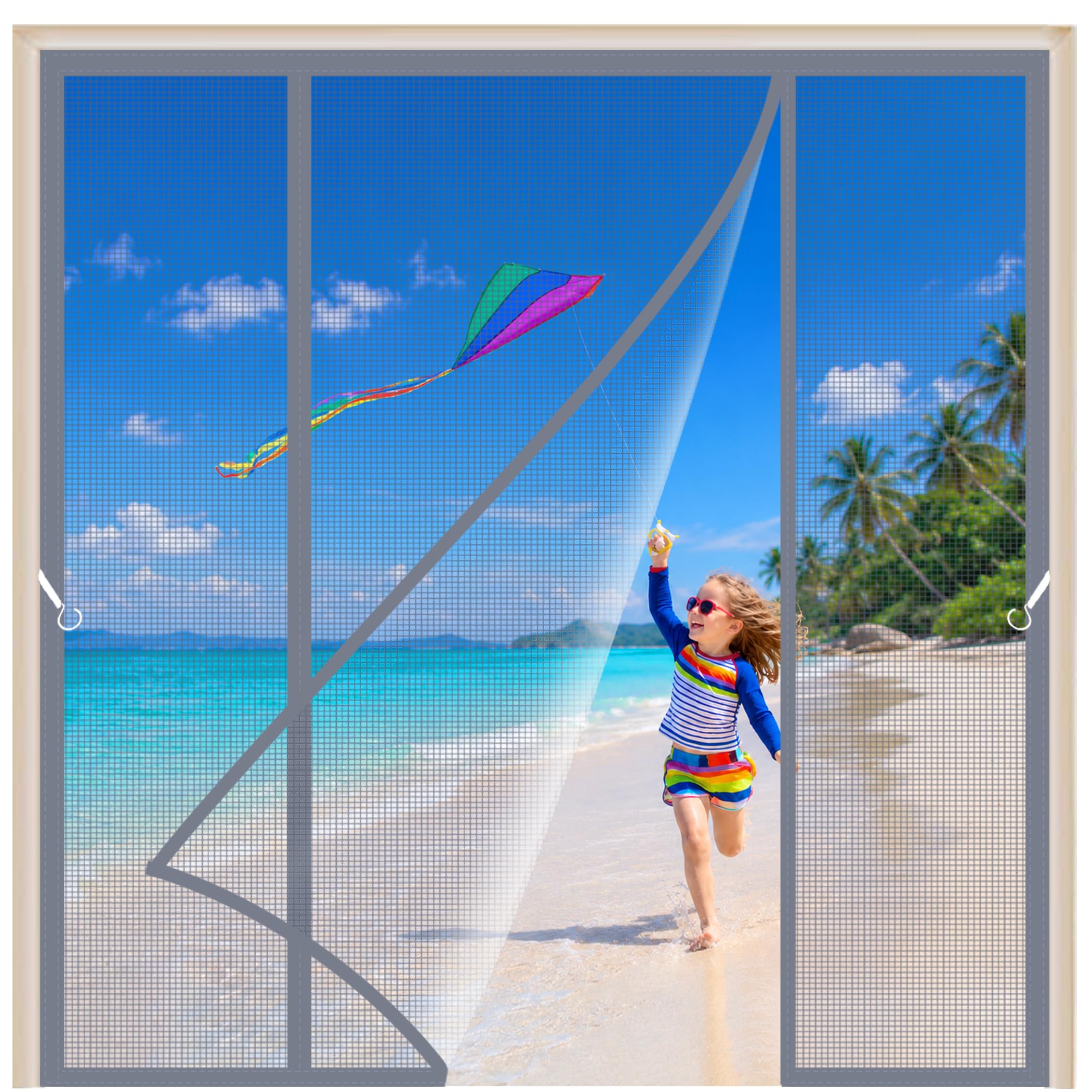 Large Magnetic Screen Door 250x270cm French Door Reinforced Fiberglass Removable Insect Fly Mesh No Drilling for Temporary Summer rentals with no-Drill Requirements Grey