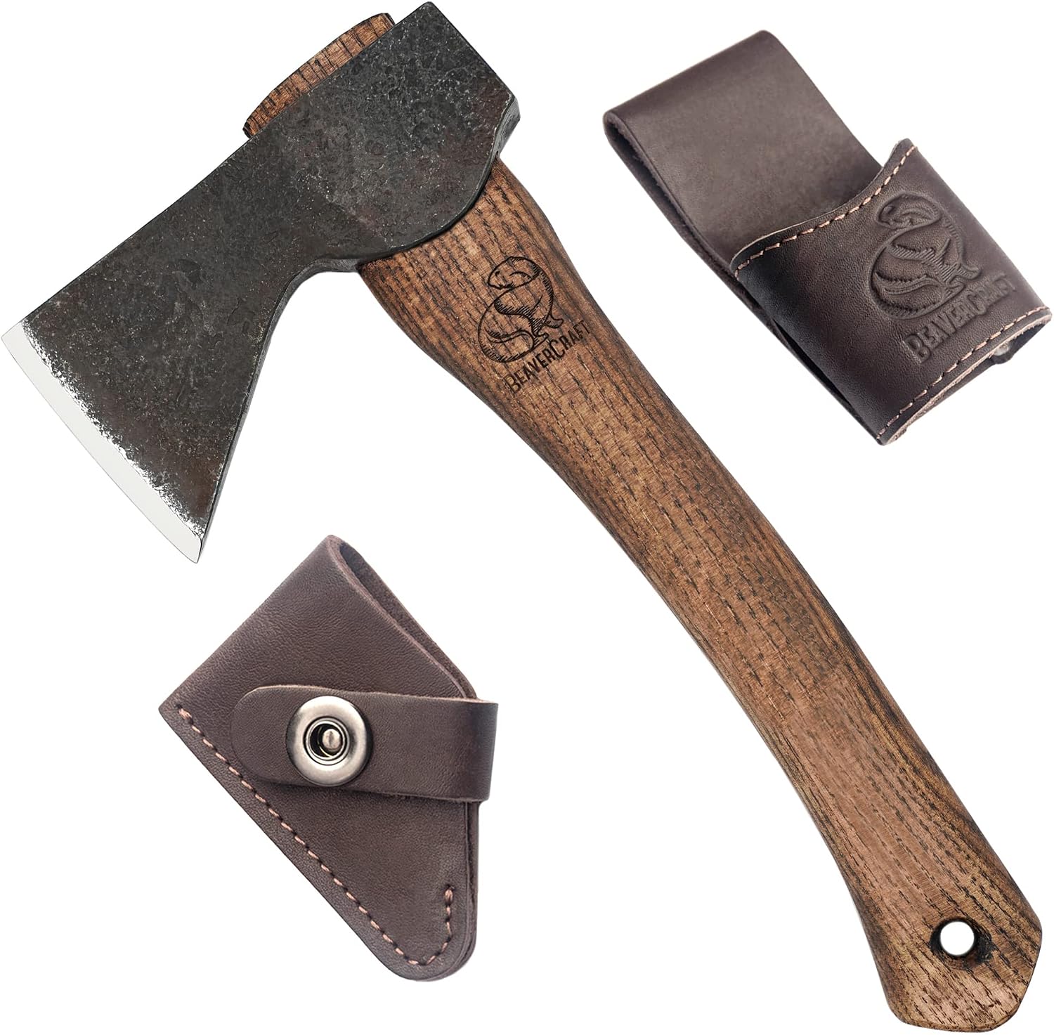 BeaverCraft Carving Axe Hand Forged with Sheath - Bushcraft Hatchet Camping Small Axe with Wood Handle - Bearded Wooden Axe Survival Hatchet AX1 Axe for Chopping Wood and Gardening
