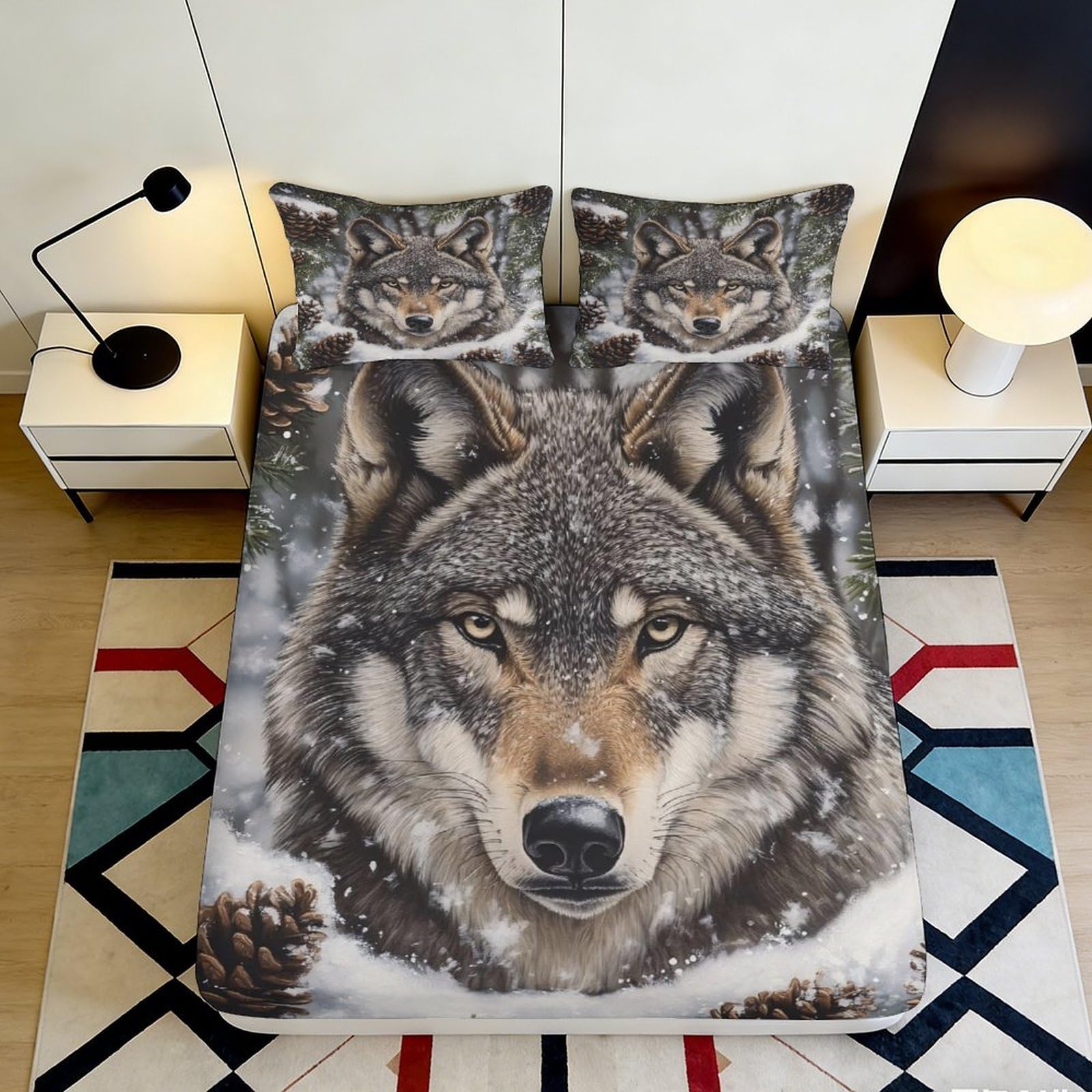 3D Printed Wolf Design Fitted Sheet Microfiber Soft Breathable Snowy Forest Bed Cover for Bedroom Dormitory Guest Room Mattress Protection Decor 120x200x25cm