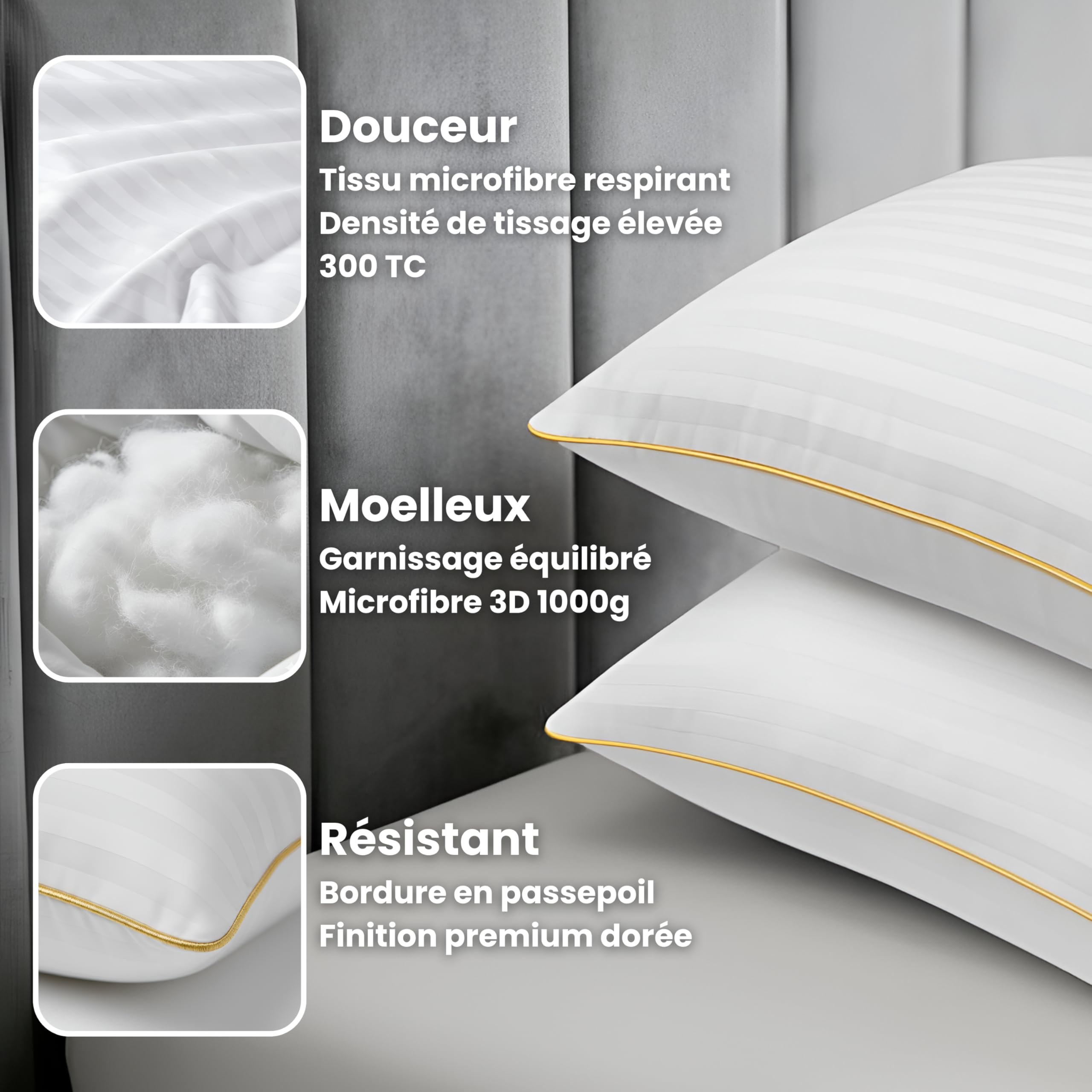 Oreiller Hôtel 50x70cm Lot de 2 - Coussin lit Moelleux & Doux | Coussin de lit adulte - Standing Hôtellerie Luxe - Respirant & Hypoallergénique - Certifié Oeko-Tex - Lavable en Machine