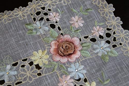 Miniatura 3 de Manteles individuales de mesa bordados de organza hechos a mano con encaje rosa, 2 piezas de 14 x 20 pulgadas, decoración de mesa beige para