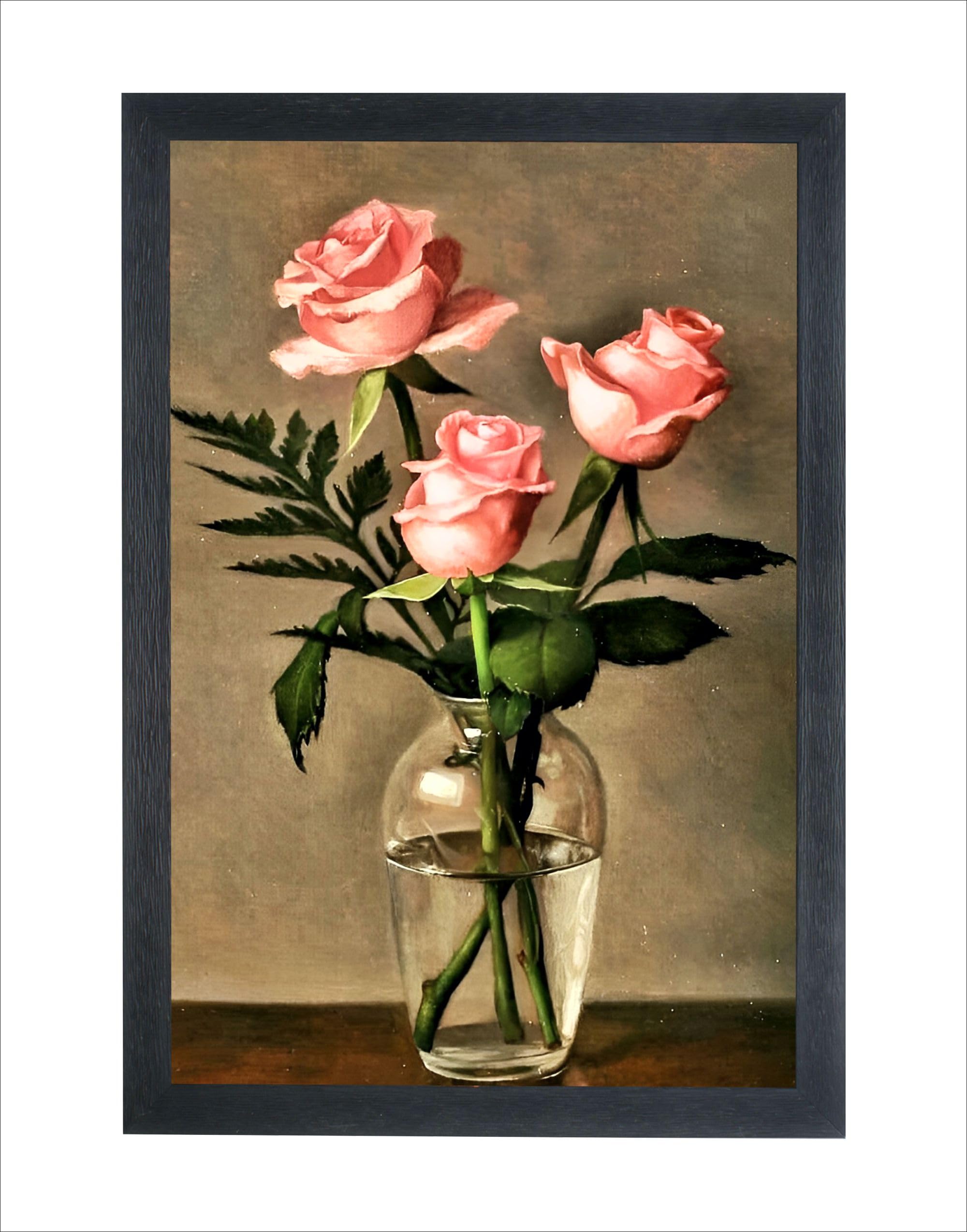 Chitransh Pink Roses in Glass Wall Mounted Painting (14x20 inches