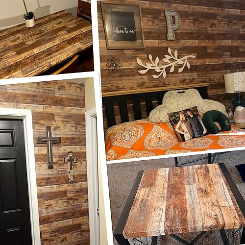 Miniatura 5 de TANONE Papel tapiz de madera para cubrir paredes, papel tapiz de madera con efecto listones de madera, papel adhesivo de madera extraíble