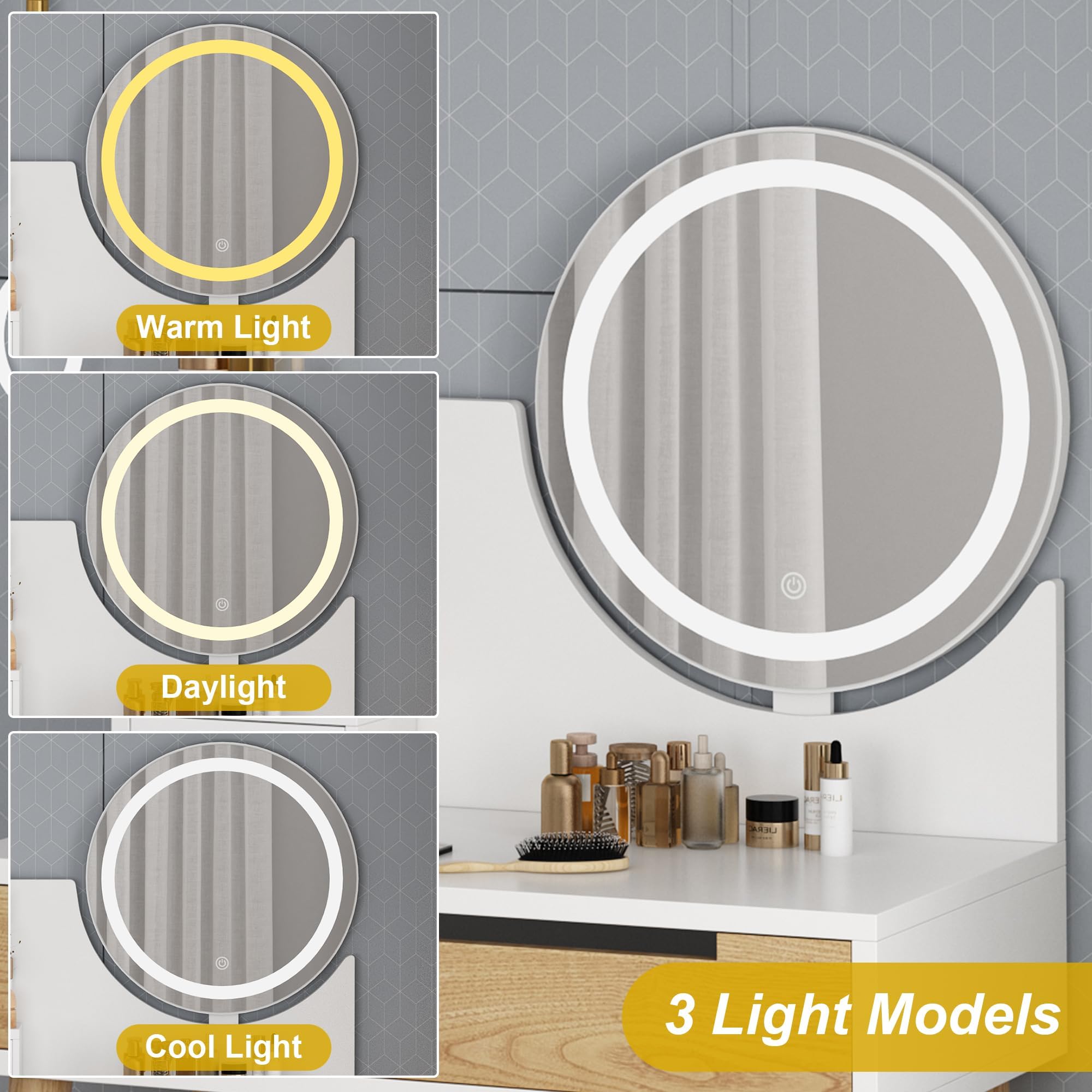 Garvee Schminktisch Mit LED Touch-Beleuchtung Und Spiegel, MDF+PU Frisiertisch, Moderner Kosmetiktisch Mit Aufbewahrung Für Schlafzimmer, Ankleidezimmer, Weiß