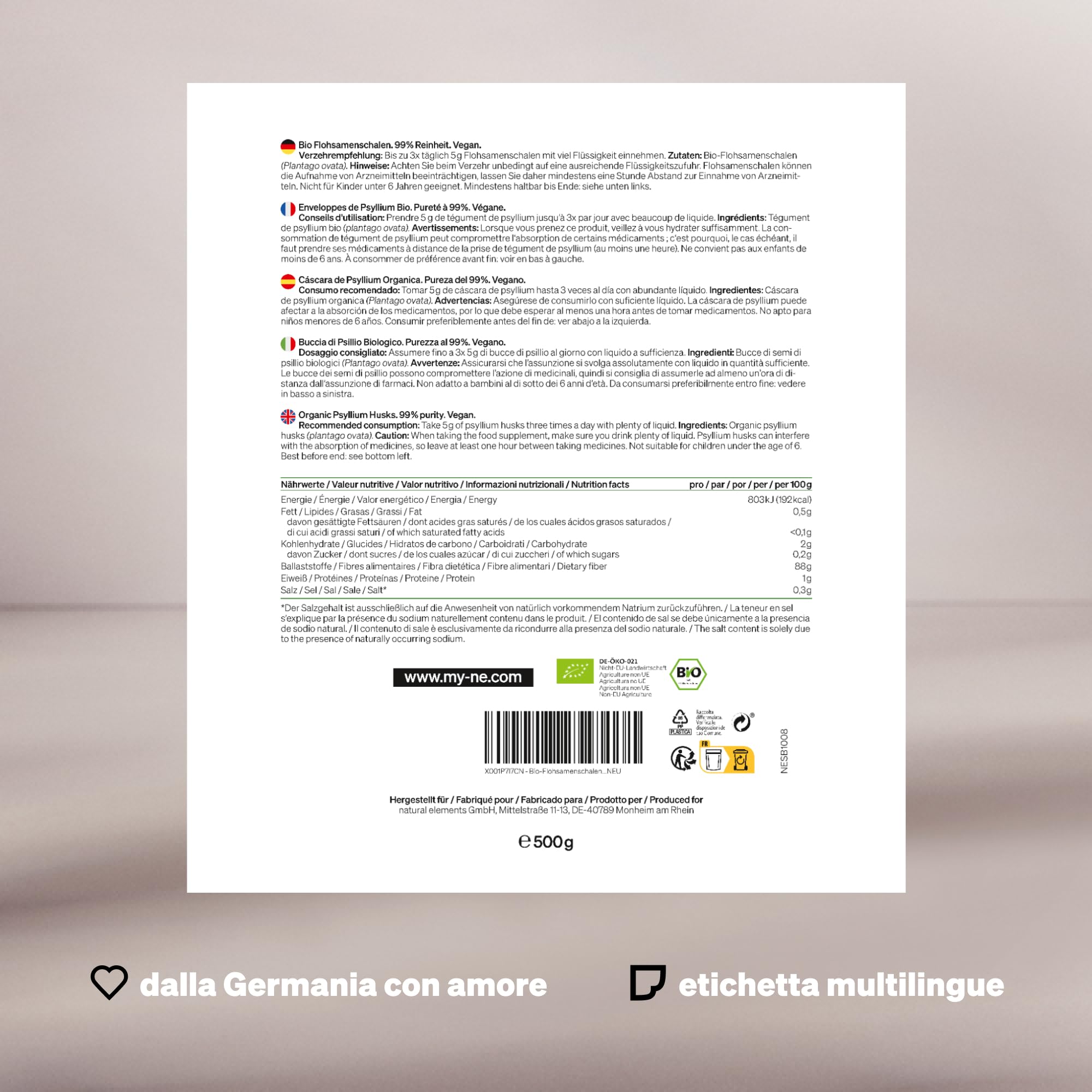 Psillio Polvere, Bucce di Psillio Biologico, Purezza 99%, Sacchetto 500 g, Certificazione biologica, Vegano, Basso Contenuto di Carboidrati, Ricco di Fibre, senza Glutine, senza Additivi Inutili