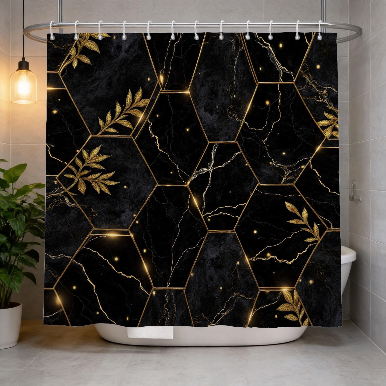 Hongduo 3D Marble Geometry Shower Curtain for Stalls Bathtubs Chic Bathroom Decor Shower Curtain Set Polyester Fabric Waterproof 180x180cm/71X71 Inch with Hooks