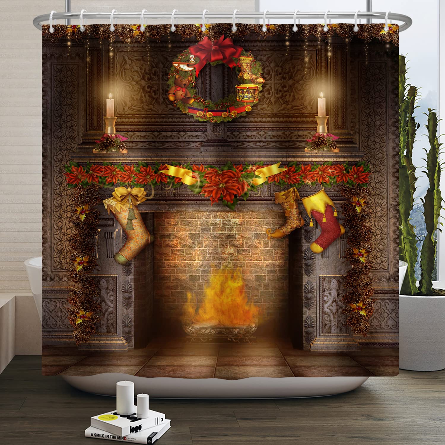 SDOTPMT 122x183cm Christmas Fireplace Shower Curtain Merry Christmas Exquisite Socks Gift Bath Curtain Vintage Brown Brick Wall Winter Holiday Curtain for Bathroom Fabric Polyester with Hooks - Image 3