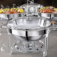 GGIU 5 Quart Round Chafing Dish Buffet Set - Pre-Installed Stainless Steel Chafers for Catering with Clear Lids & Holders