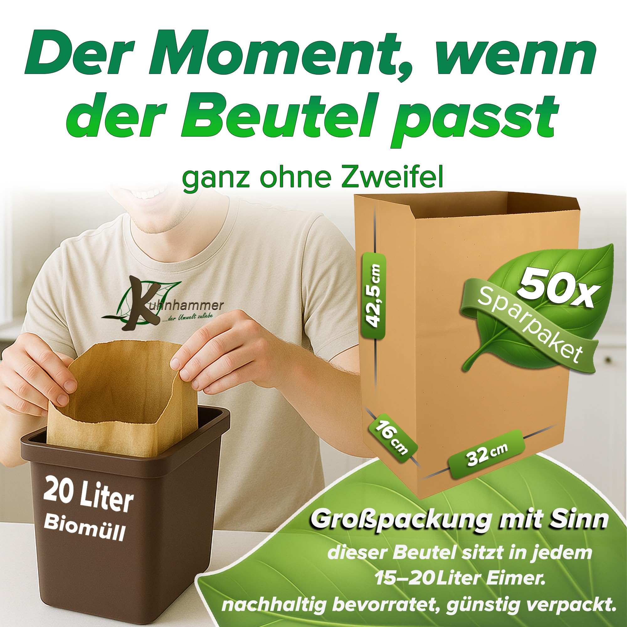 Biomüllbeutel 20L I 50Stk Bio Müllbeutel plastikfrei I Biomüllbeutel Papier nass & reißfest I Papiertüten für Biomüll I Biomülltüten Papier