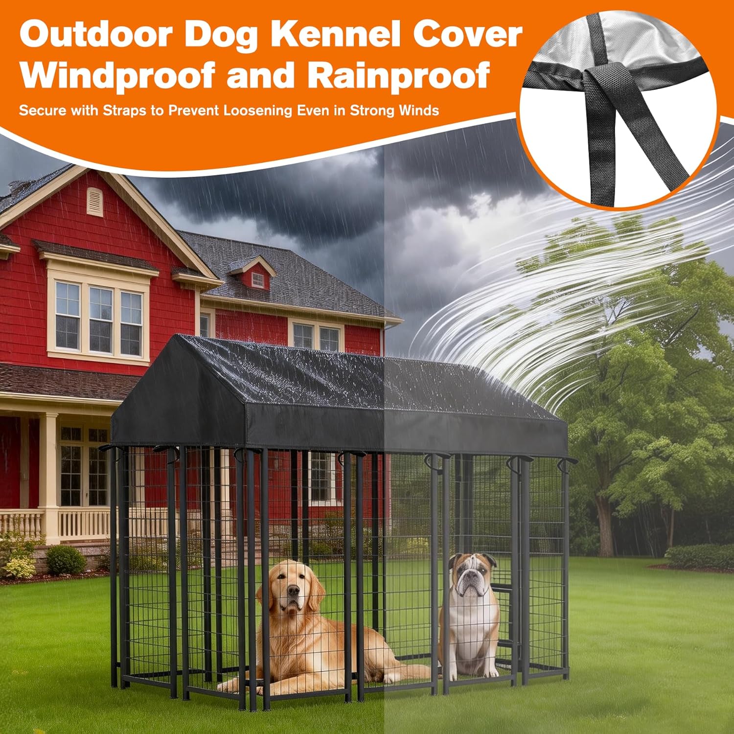 4'W X 8'L Waterproof Dog Kennel Cover Outdoor 600D Oxford Fabric Dog Kennel Roof with Silver UV-Protective Coating for Windproof, Rainproof, Sun-Protective(Covers Only)