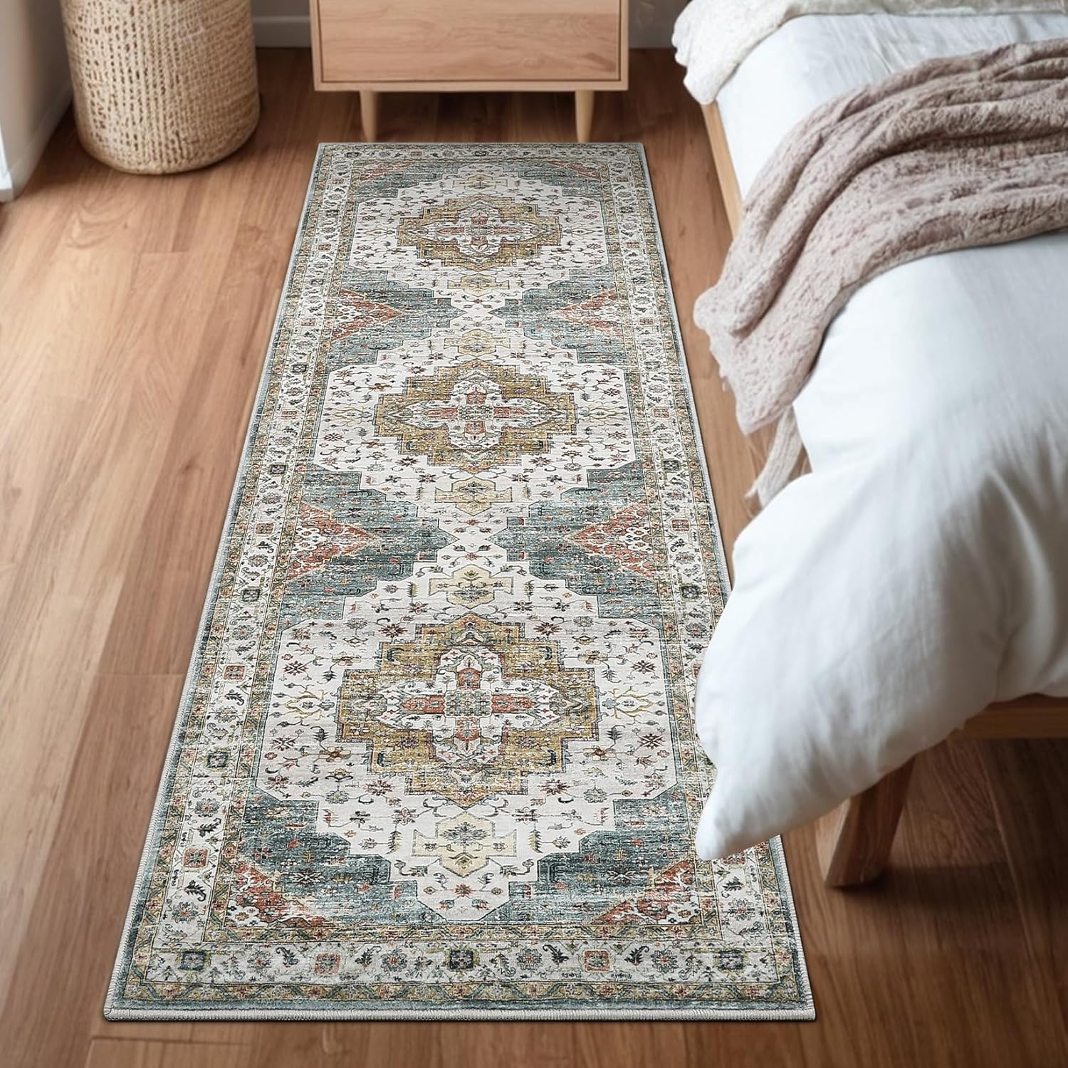 GarveeHome Hallway Rug 2x6 Machine Washable Runner Rug with Non-Slip Backing, Vintage Printed Area Rugs, Stain-Resistant Distressed Accent Carpet for Laundry, Bedroom, Entryway, Camel Green