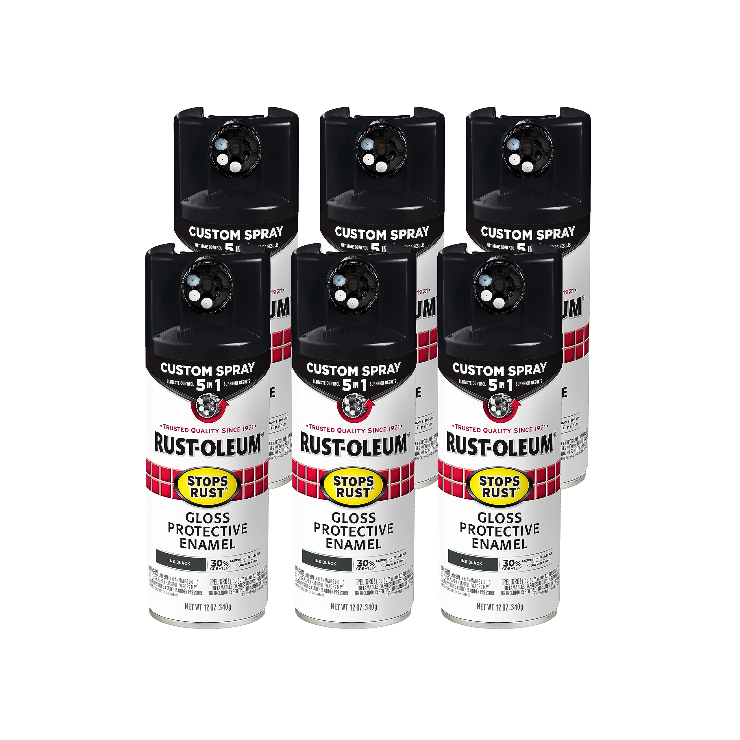 Rust-Oleum 380397-6PK Stops Rust Custom Spray 5-in-1 Spray Paint, 12 oz, Gloss Ink Black, (Pack of 6)