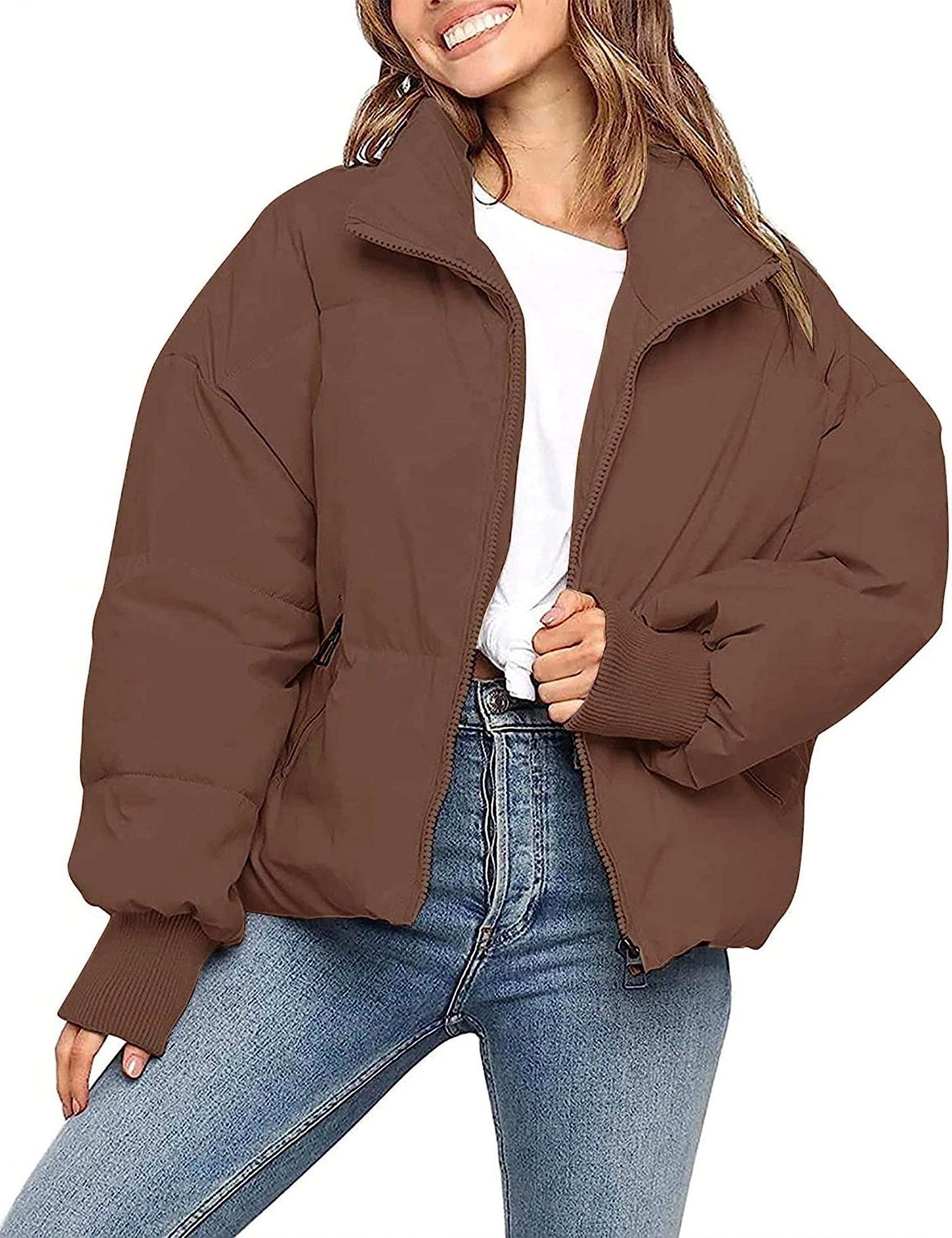 BozanlyWomen's Winter Warm Long Sleeve Zip Puffer Jacket Baggy Quilted Down Coat Outerwear