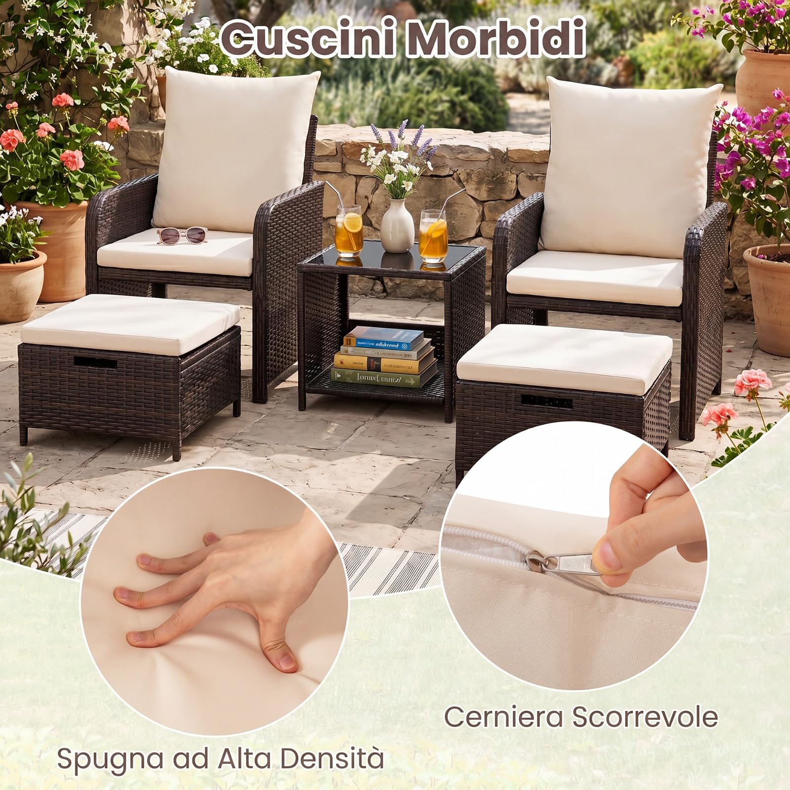 COSTWAY Salotto da Esterno 5 Pezzi, Set Giardino Esterno in Rattan (Beige)