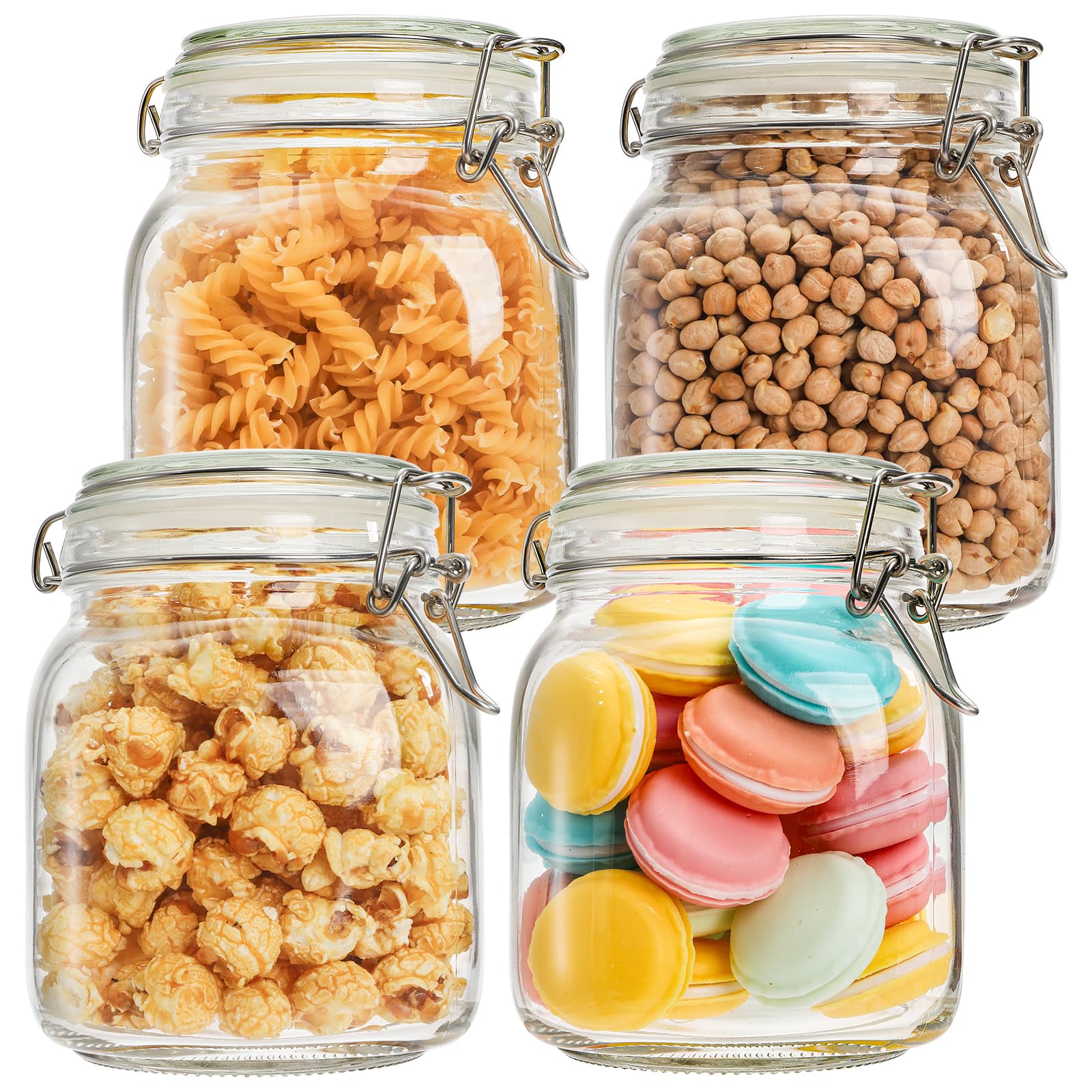 4 Pack 34 Ounces Glass Jars, Wide Mouth Storage Canister Jars with Bail and Trigger Clamp Lids for Pickling, Preserving, Canning, Dry Food Storage