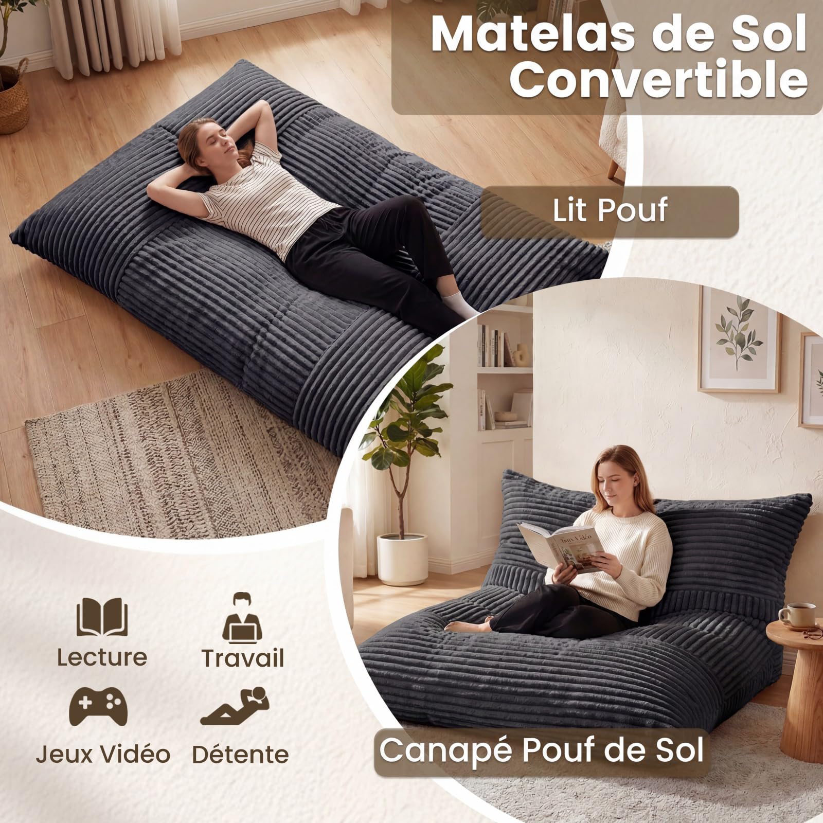 COSTWAY Géante Pouf Salon, Housse Amovible, 194 x 140 cm (Noir)