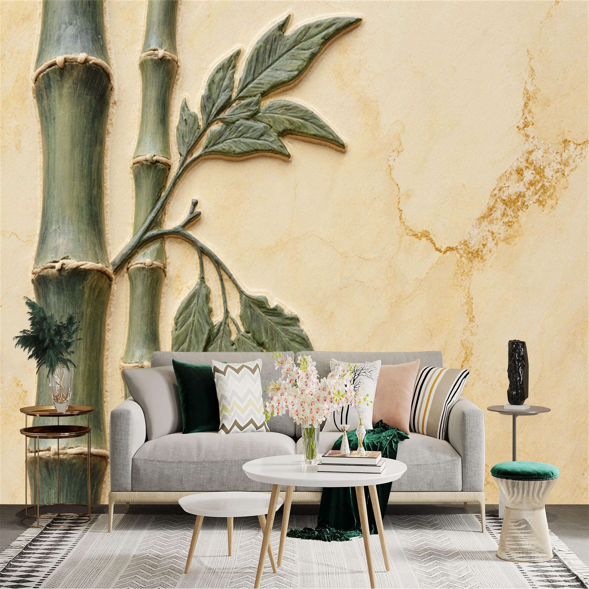 Custom Size Wall Sticker Mural， Green Bamboo Stalks， Embossed Texture， Minimalist Zen Style， Elegant Botanical Art， for wall Decoration， peelandstick wall Decals.