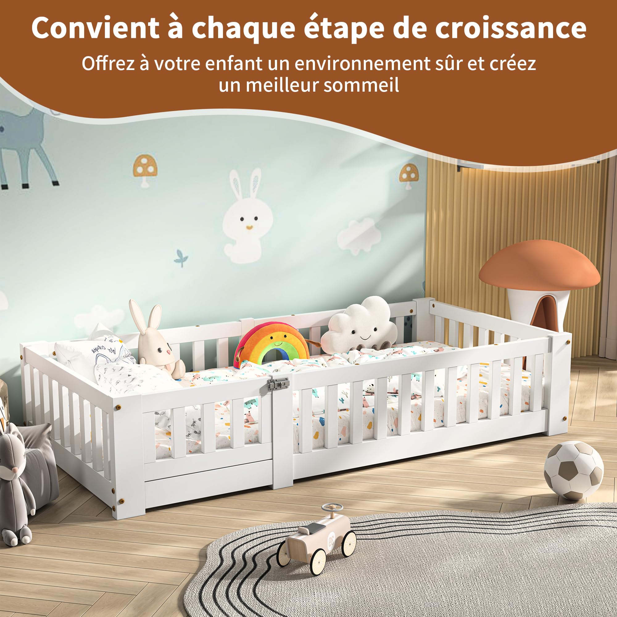 PerGar Cama Infantil 80x160 cm con Valla y Puerta, Somier, Madera Maciza Blanca