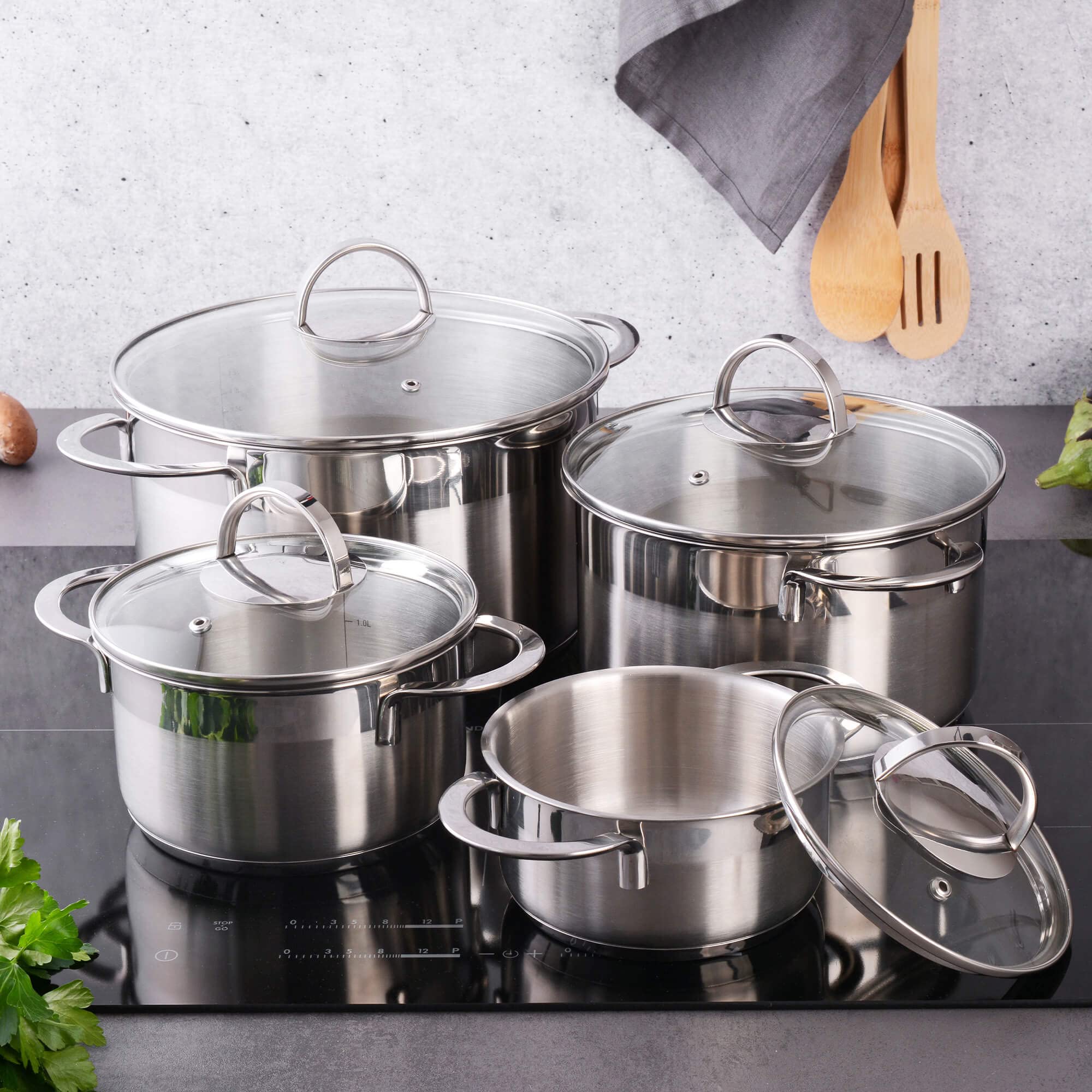 GRÄWE Zestaw garnków – Ø 16 cm (1,5 litra), Ø 20 cm (3 litry), Ø 24 cm (5 litrów) garnek ze stali nierdzewnej ze szklaną pokrywką, nadaje się do płyt indukcyjnych