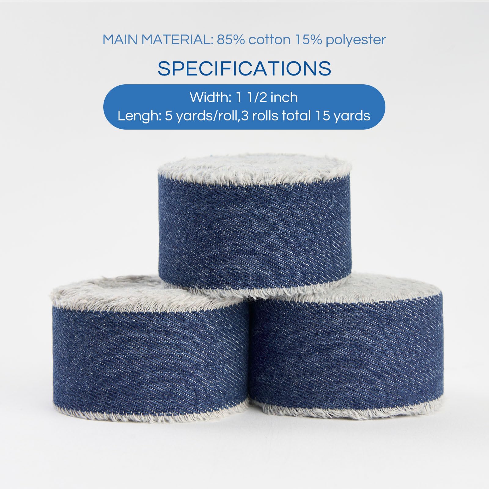 Pretty Jolly Blue Denim Ribbon for Gift Wrapping Handmade Rustic Frayed Cotton Fabric Ribbon for Flower Bouquet Total 15 Yards 1 1/2 Inch Ribbons for Crafts Hair Wedding Invitation Holiday Decor - Image 2