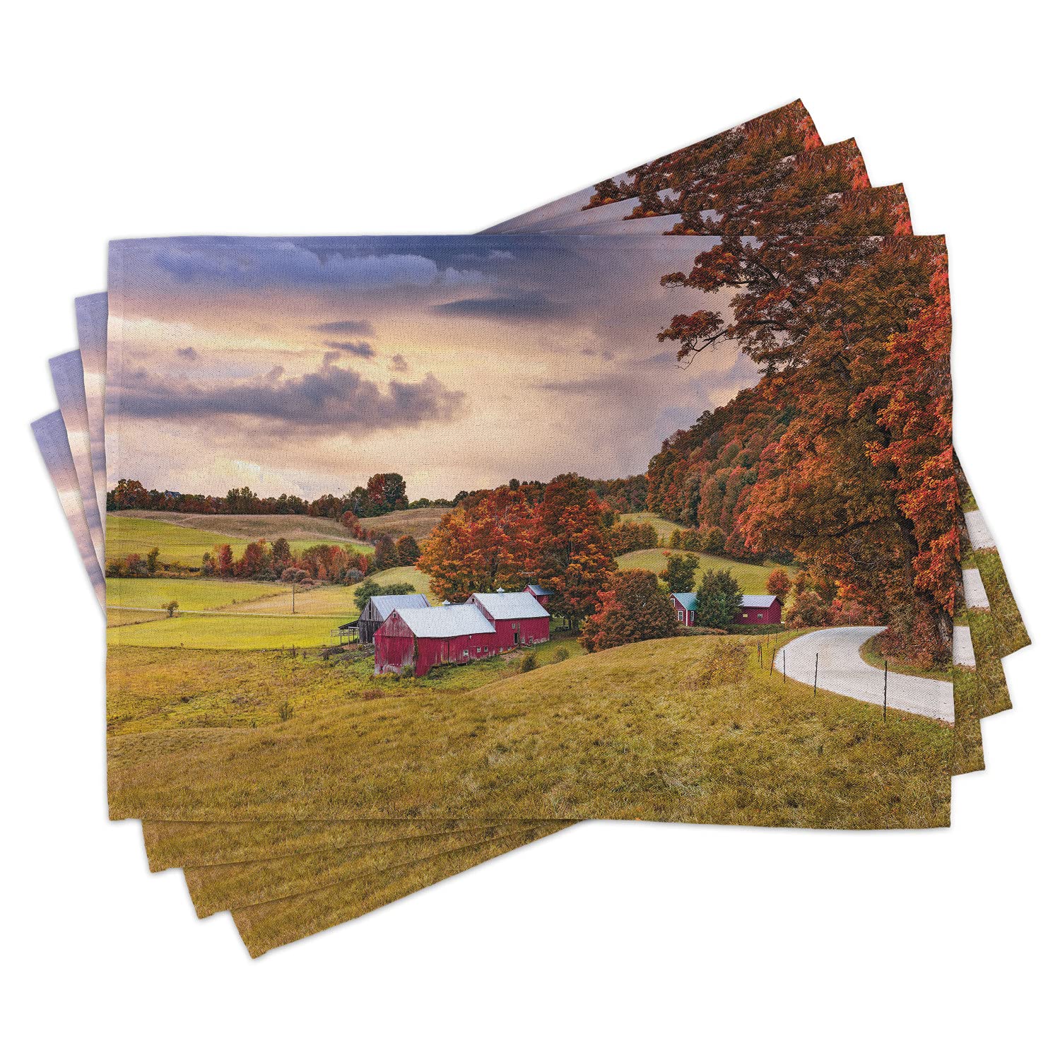 LunarableLandscape Place Mats Set of 4, Autumn Scene Jenne Farm in Vermont United States Barn Fall Season Historic Places, Washable Fabric Placemats for Dining Room Kitchen Table Decor, Multicolor