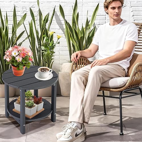 Miniatura 238 de LZRS Mesa auxiliar para exteriores, mesa auxiliar ovalada Adirondack doble con almacenamiento de 2 niveles, mesas auxiliares de HDPE para patio